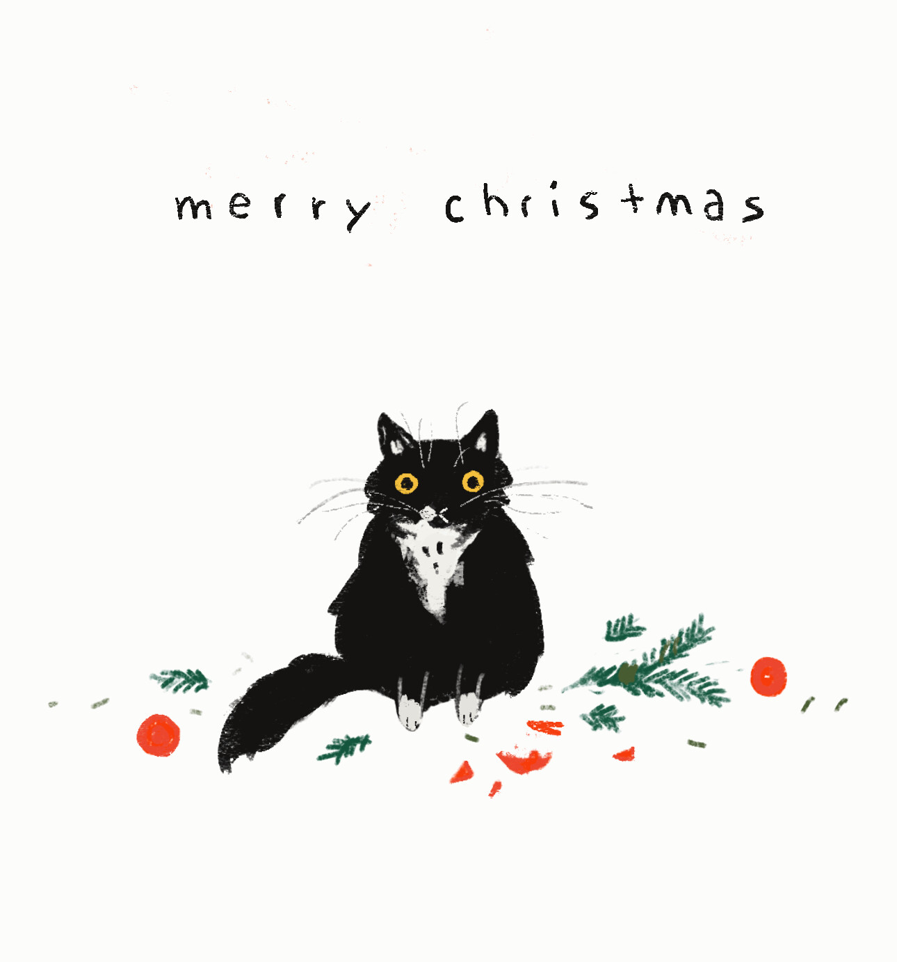 Merry Christmas illustration of a black cat sitting beside pine sprigs and ornaments