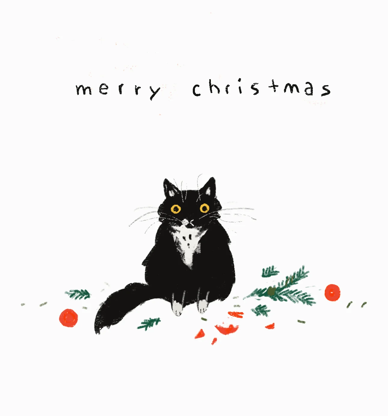 Animated Merry Christmas illustration of a black cat among pine sprigs and ornaments