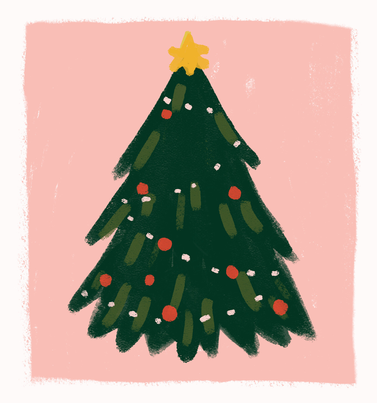 Illustration of a decorated Christmas tree with a cat face peeking out and a gold star on top