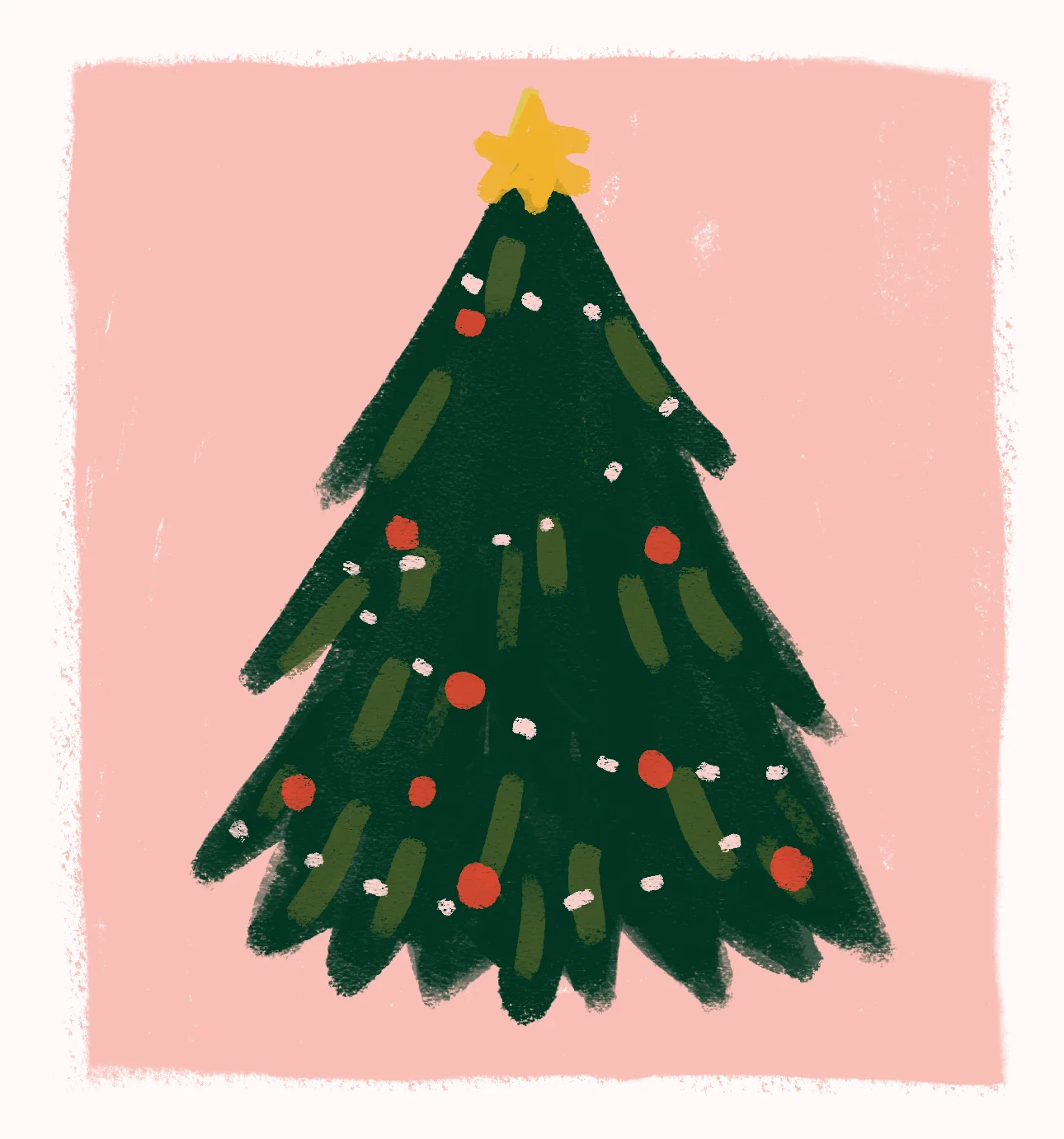 Animated illustration of a decorated Christmas tree with a gold star on top