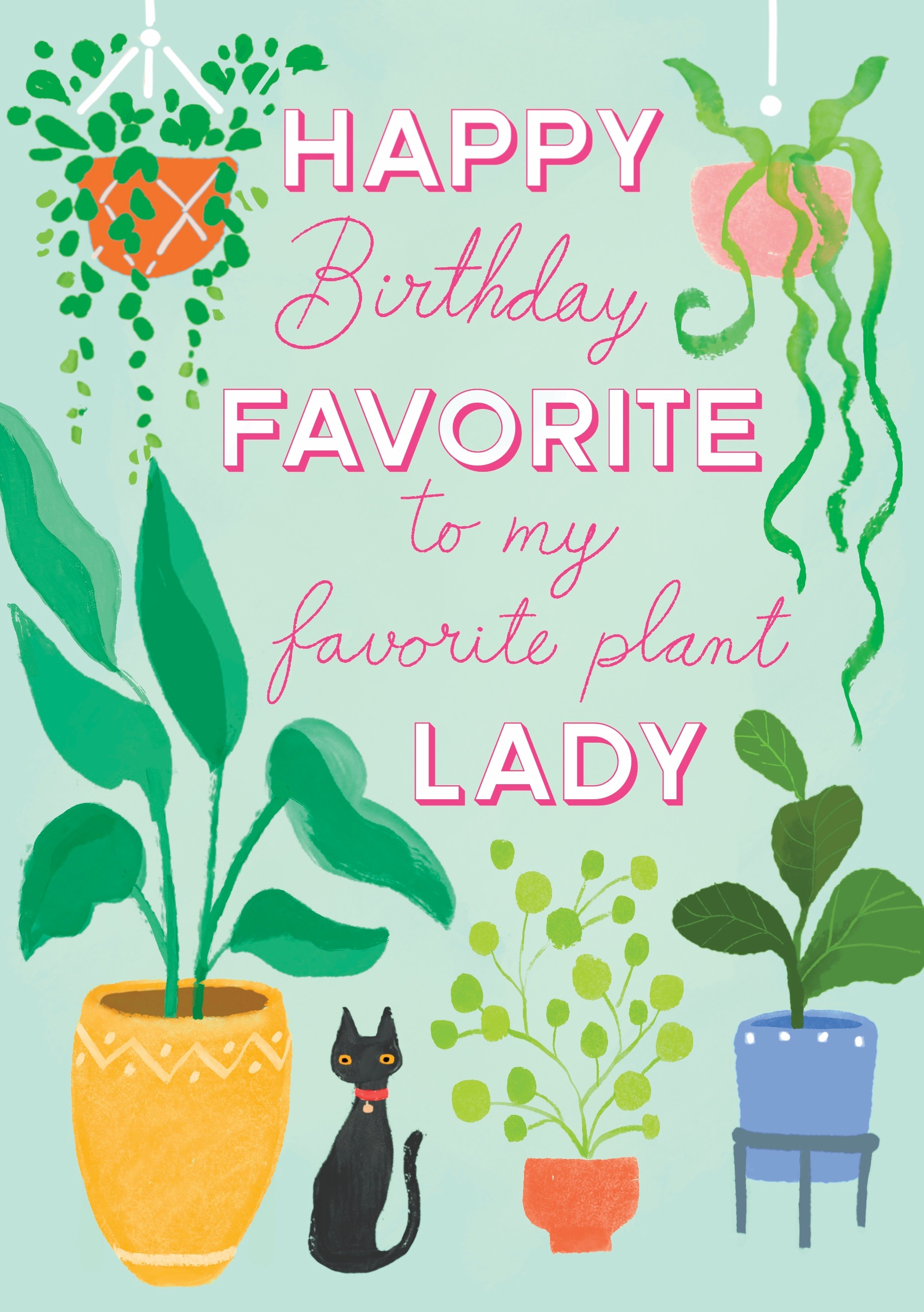 Happy Birthday Favorite card with houseplants and a black cat