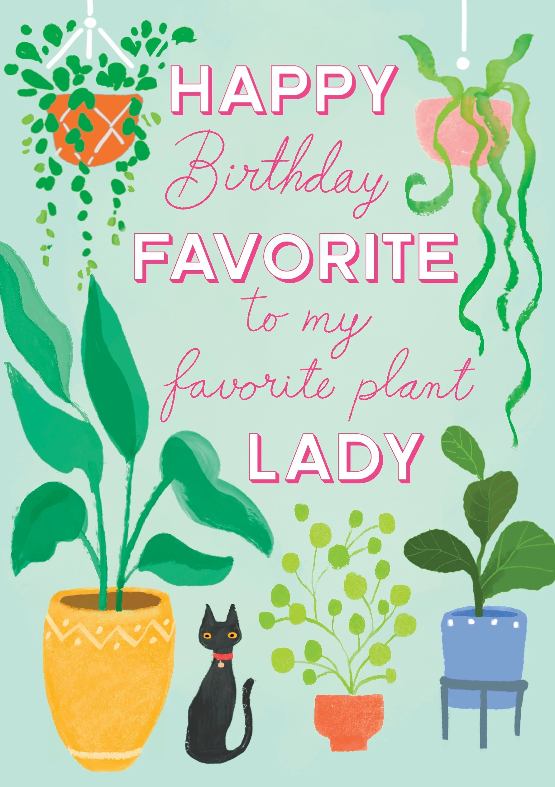 Happy Birthday Favorite card with houseplants and a black cat