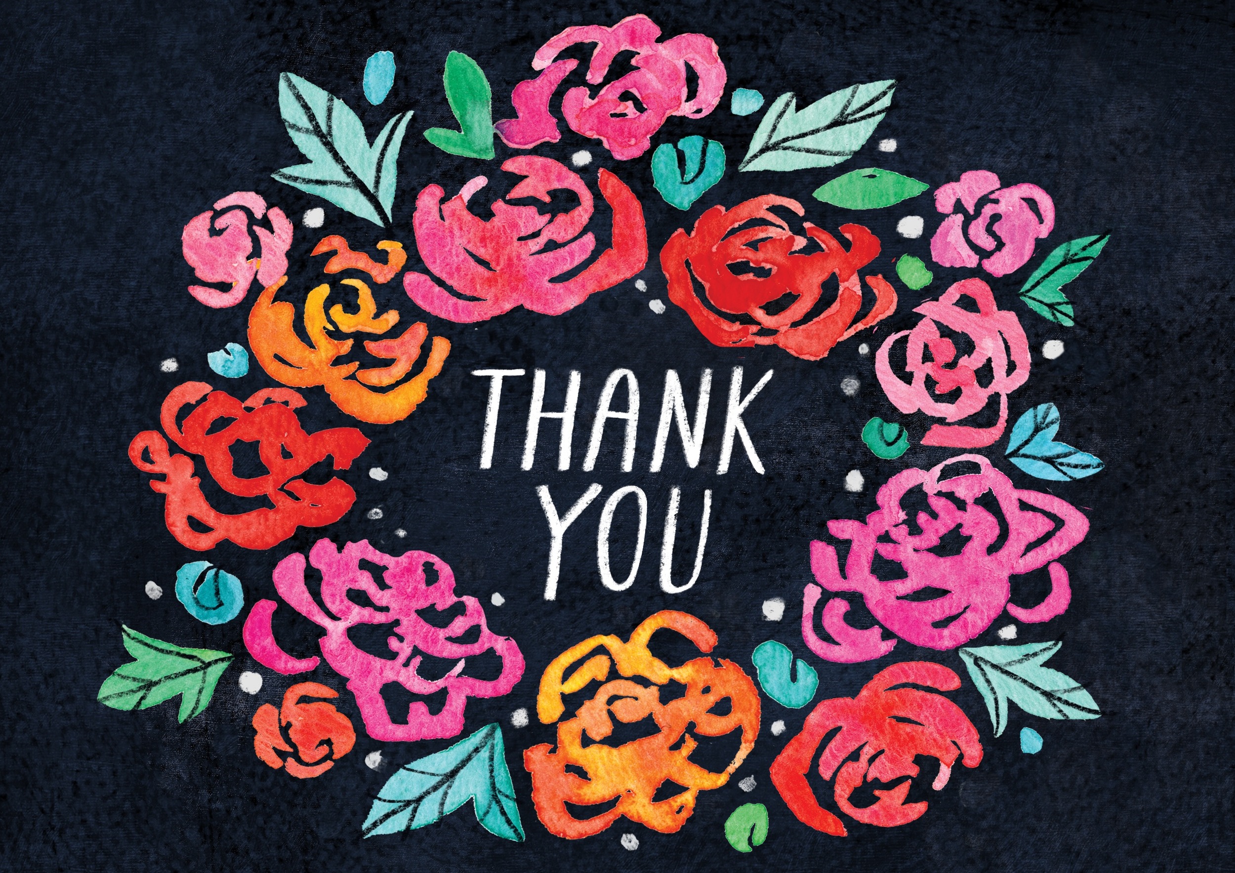 Thank you card with a wreath of watercolor roses on navy