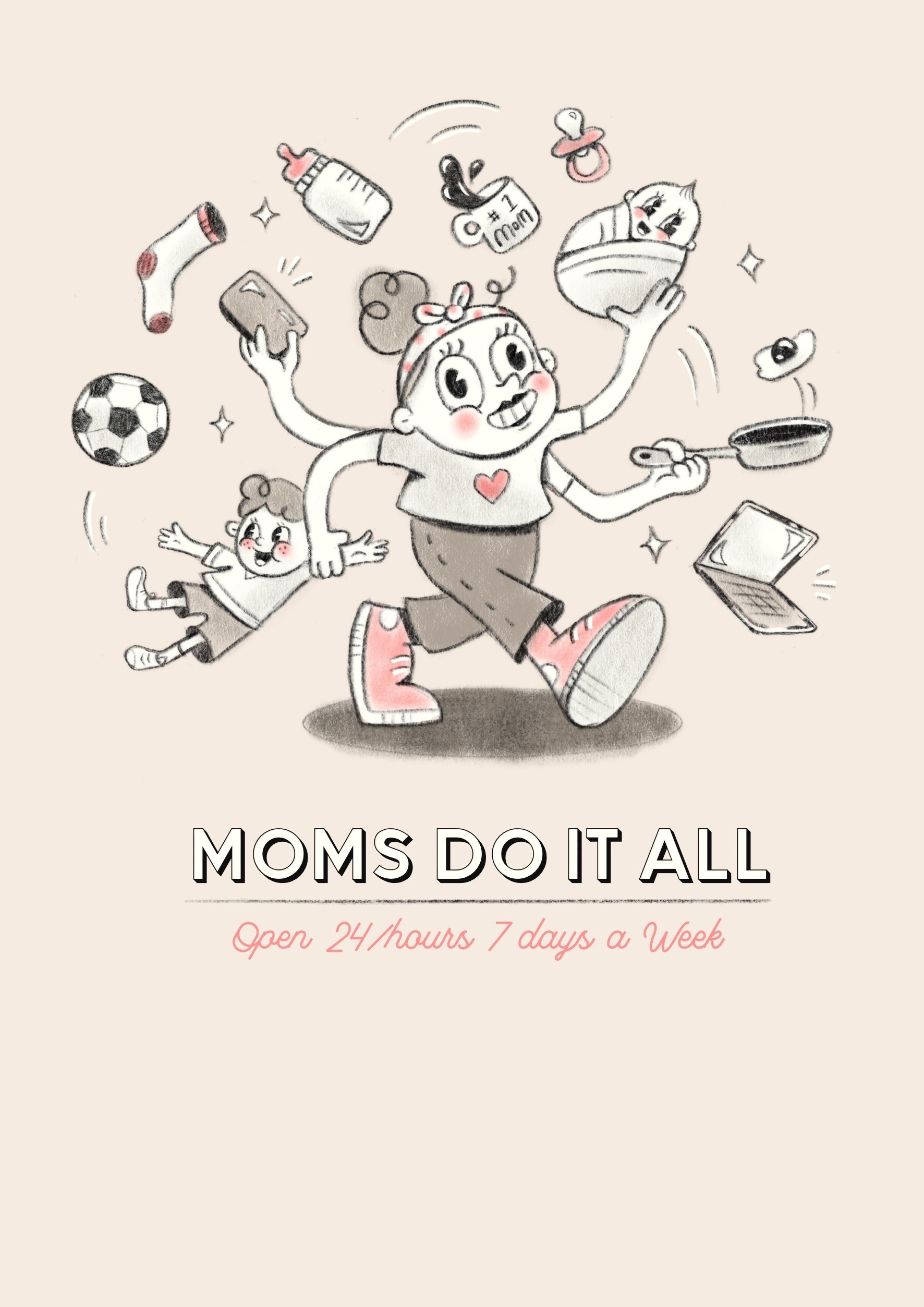 Moms Do It All card with a juggling mom illustration