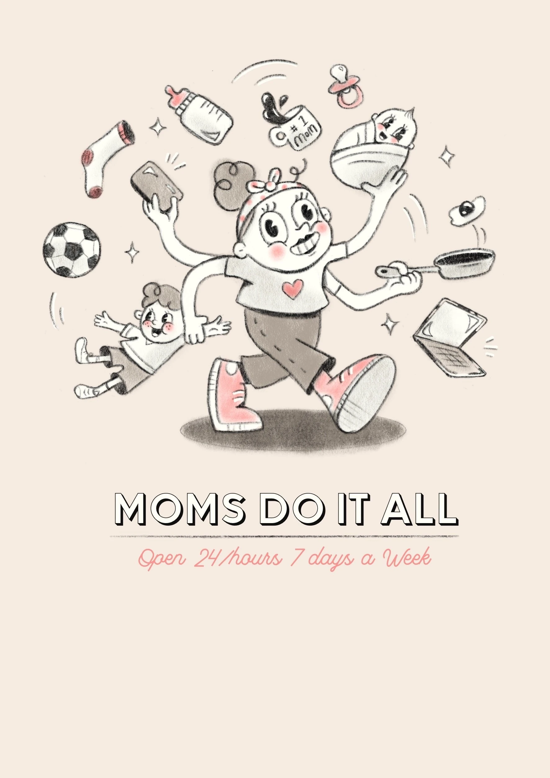 Moms Do It All card with a juggling mom illustration
