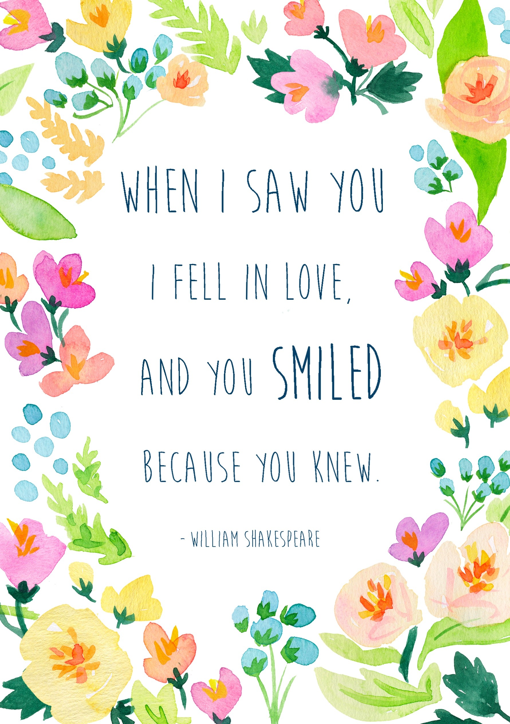 When I Saw You I Fell In Love card with a Shakespeare quote in a floral wreath