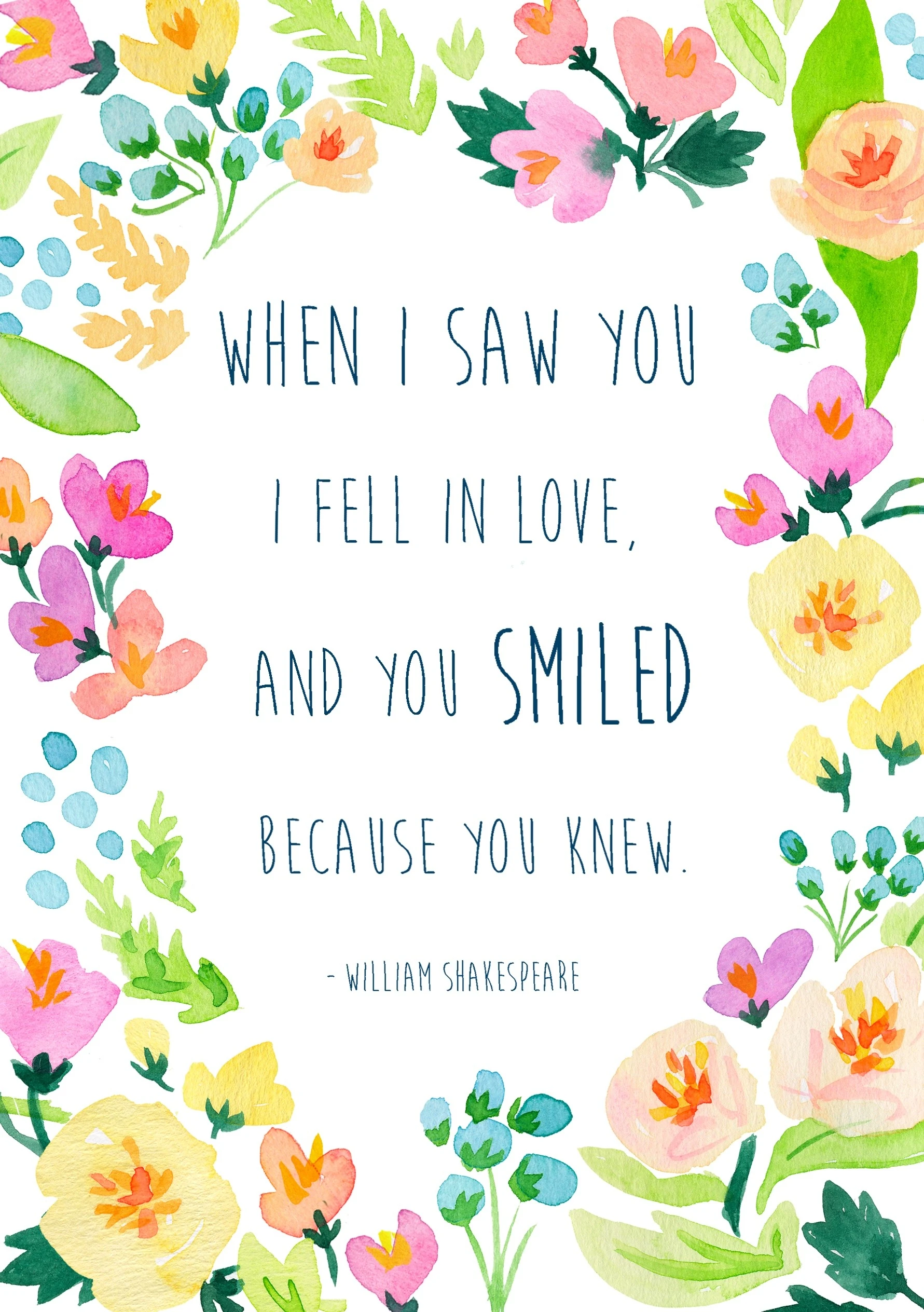 When I Saw You I Fell In Love card with a Shakespeare quote in a floral wreath