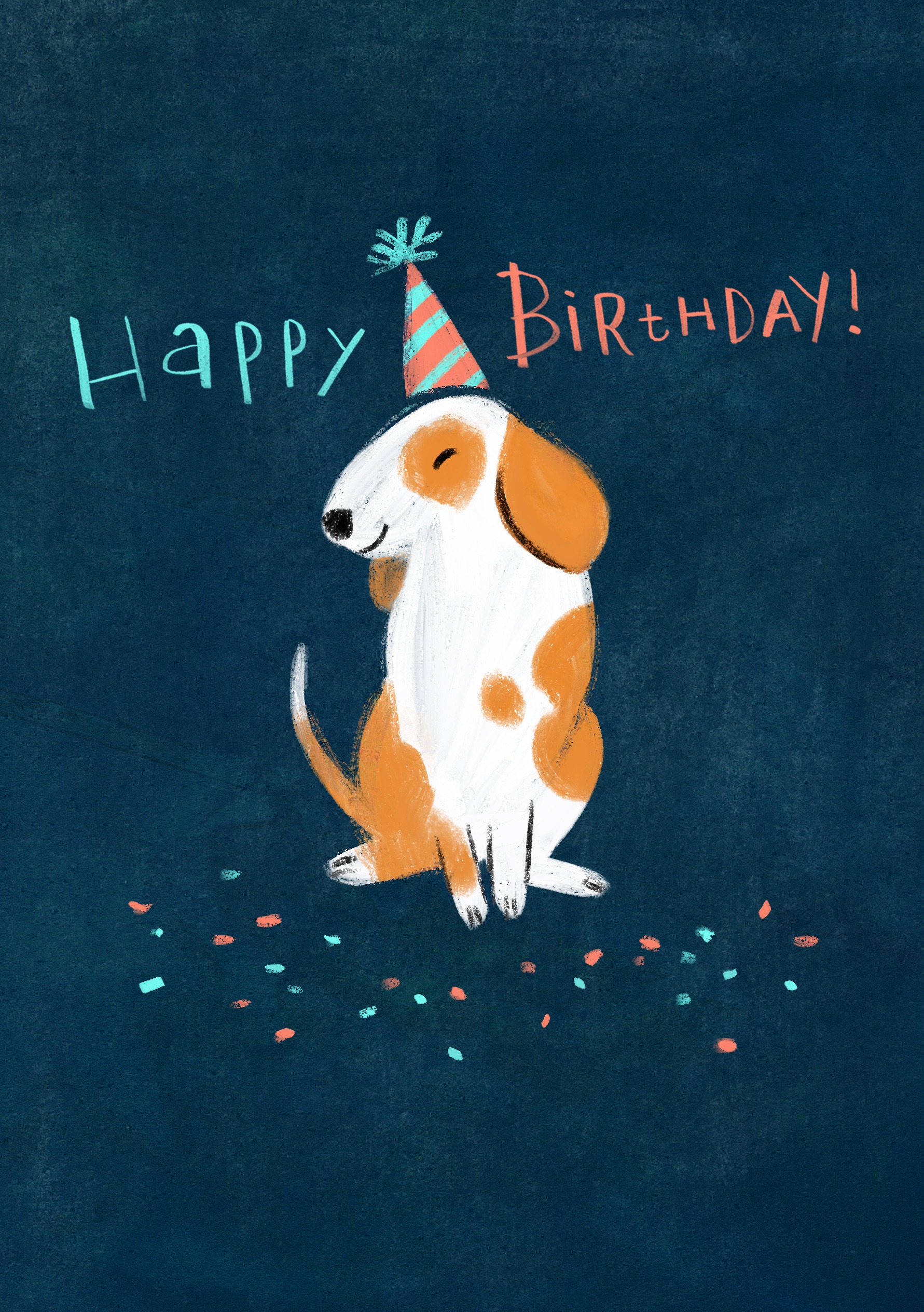 Happy Birthday card with a dog in a party hat and confetti