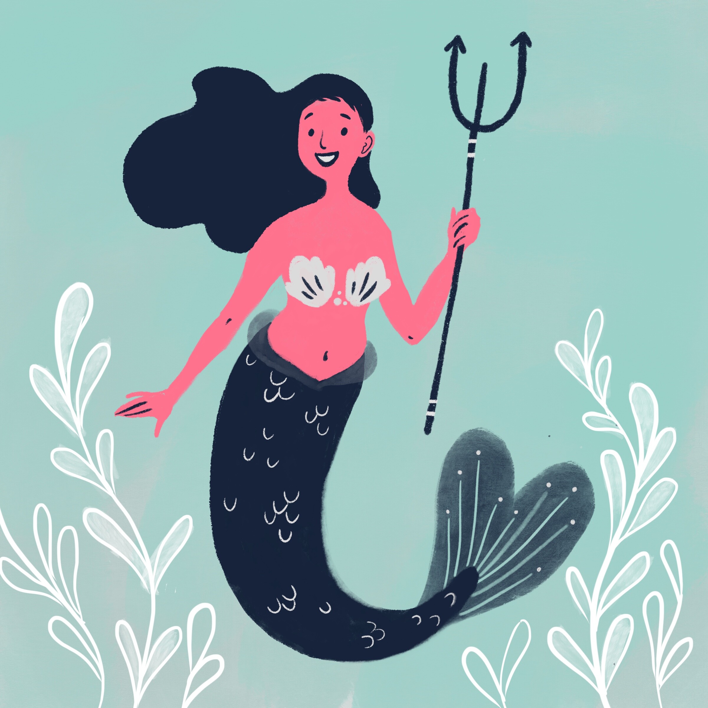 Illustration of a mermaid with dark hair holding a trident among sea plants