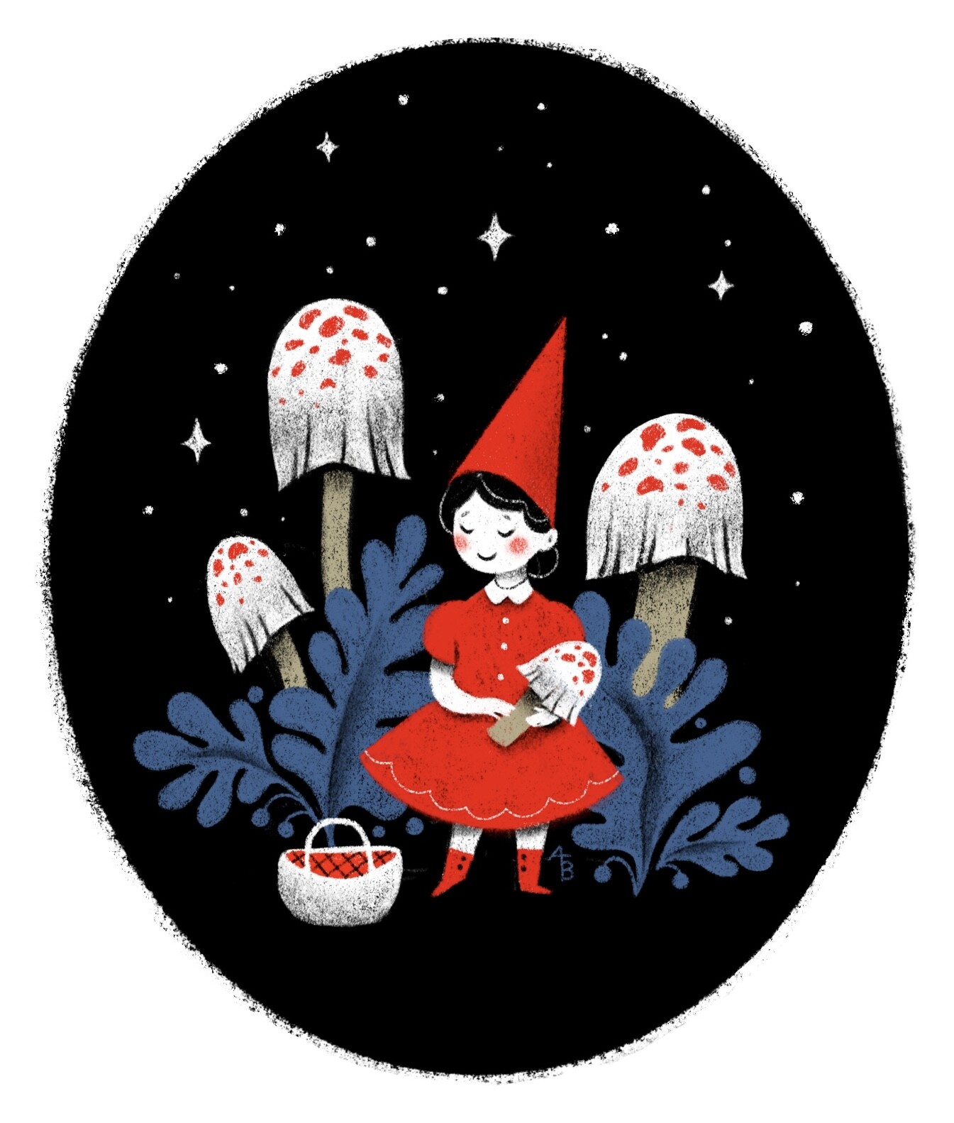 Illustration of a girl in a red gnome hat holding a spotted mushroom, oval night sky background