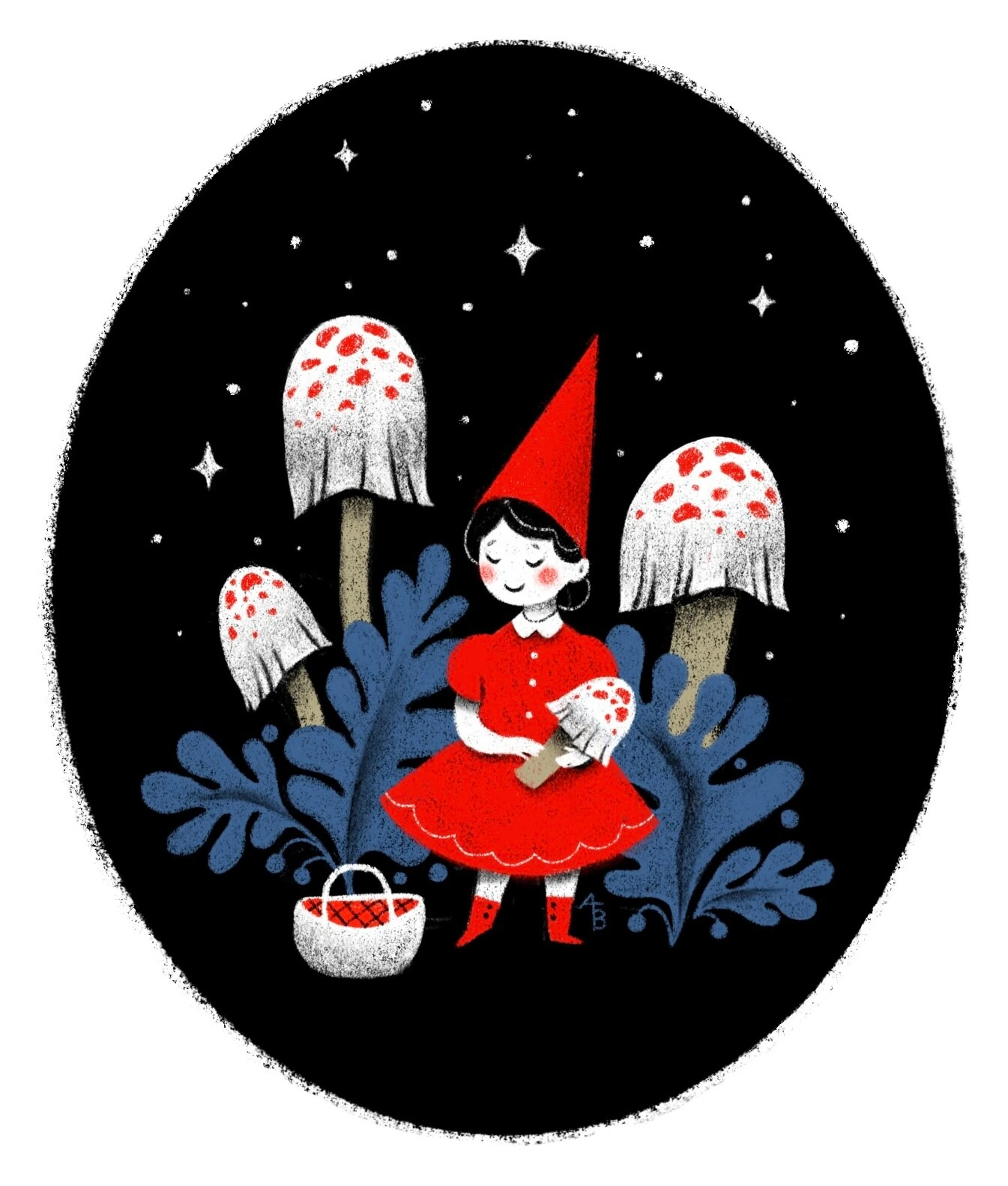 Illustration of a girl in a red gnome hat holding a spotted mushroom, oval night sky background