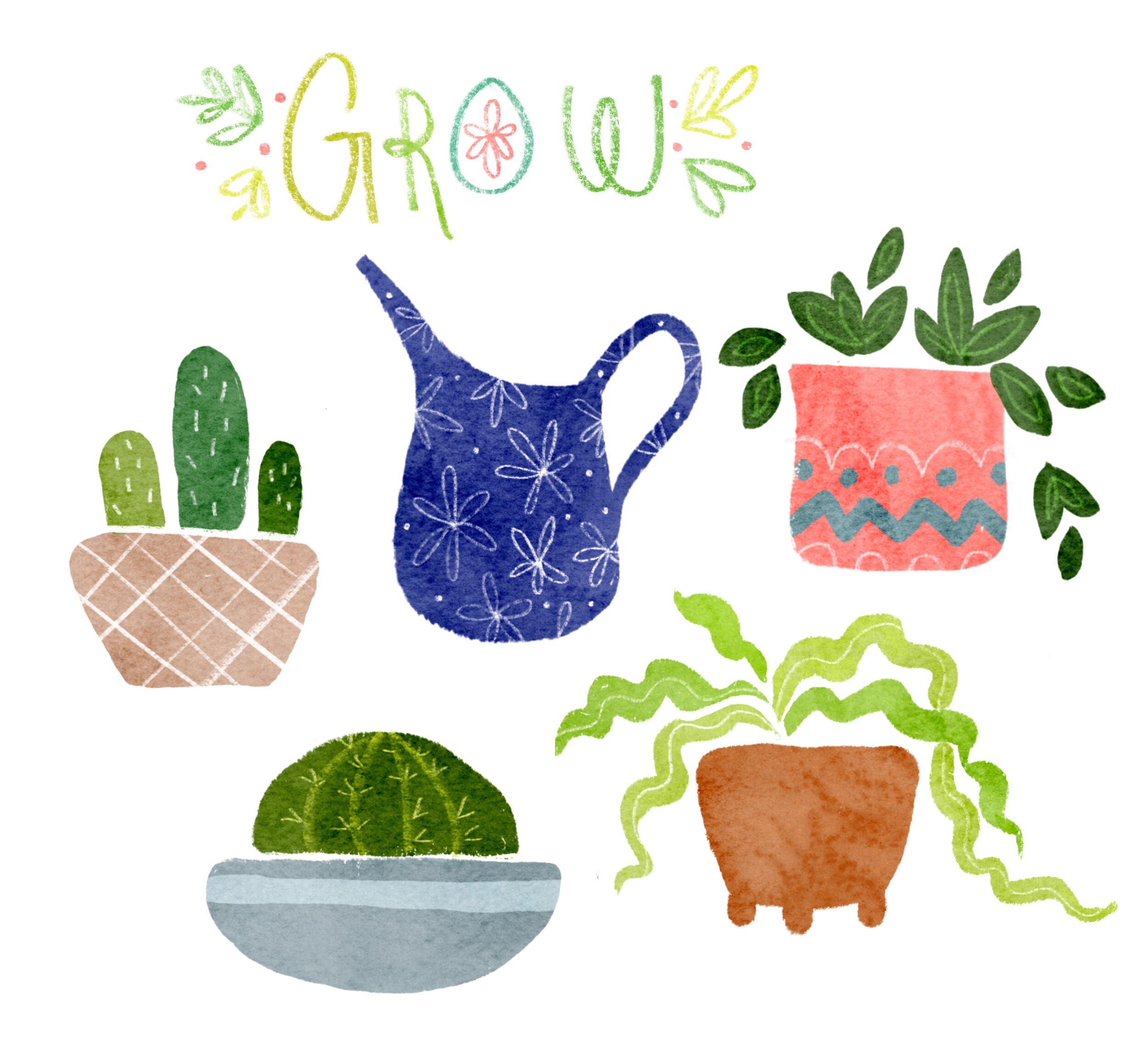 GROW hand-lettered illustration surrounded by potted plants and a watering can