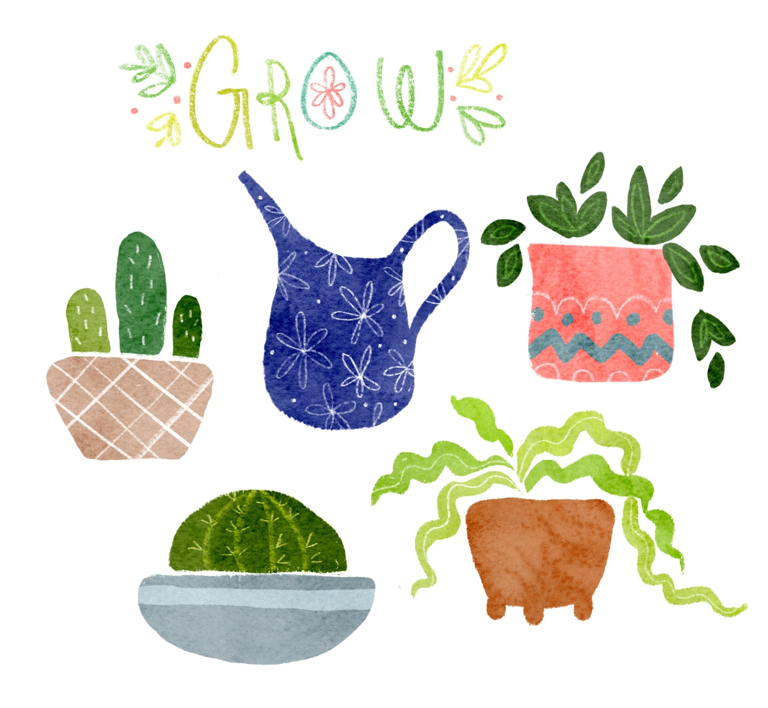GROW hand-lettered illustration surrounded by potted plants and a watering can
