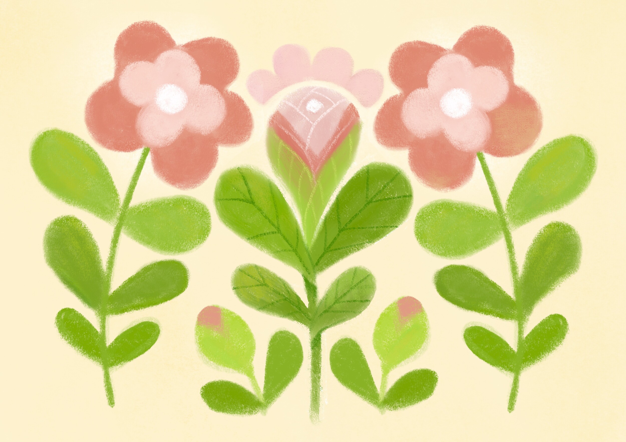Pattern of pink flowers with green leaves on a cream background