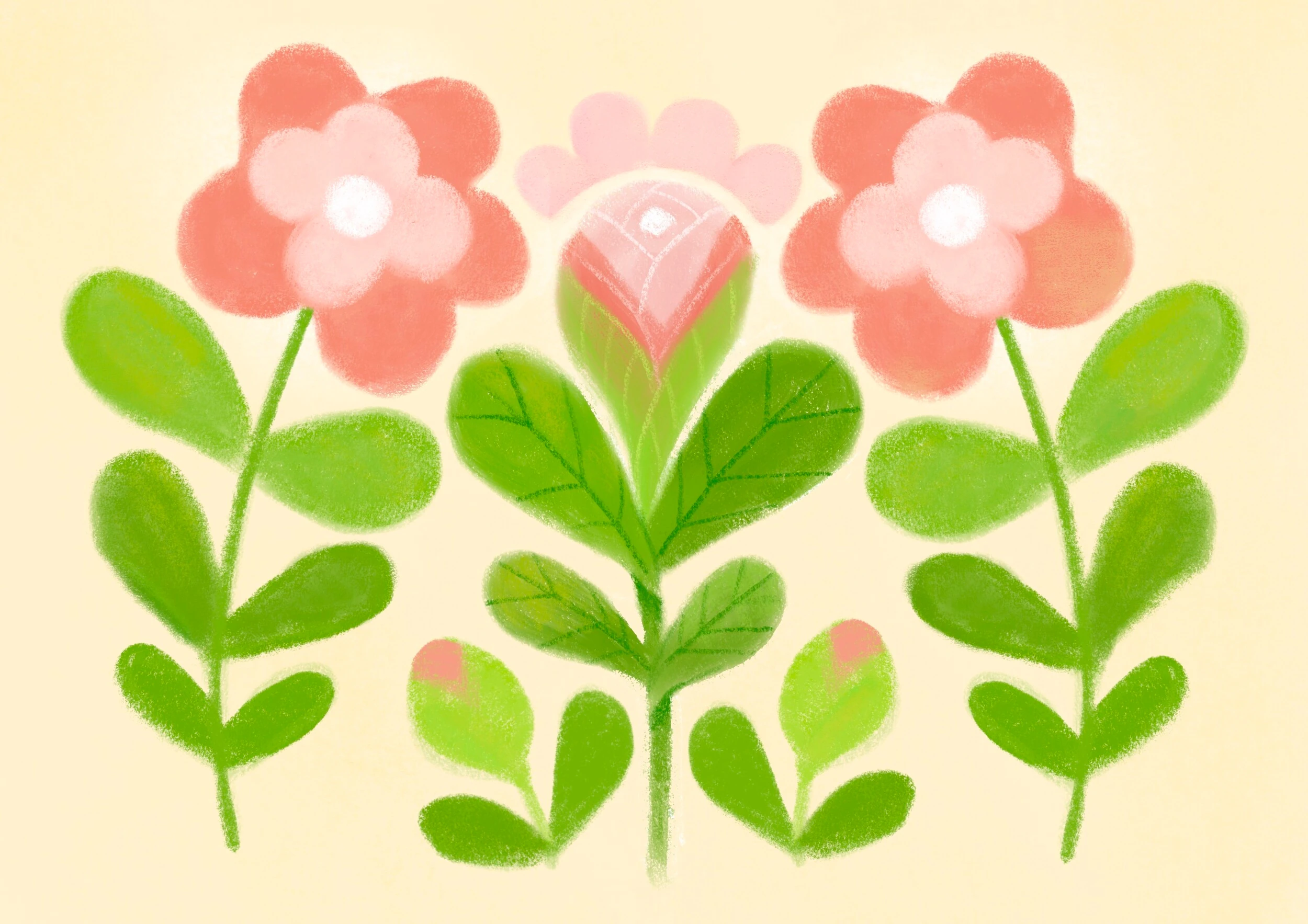 Pattern of pink flowers with green leaves on a cream background