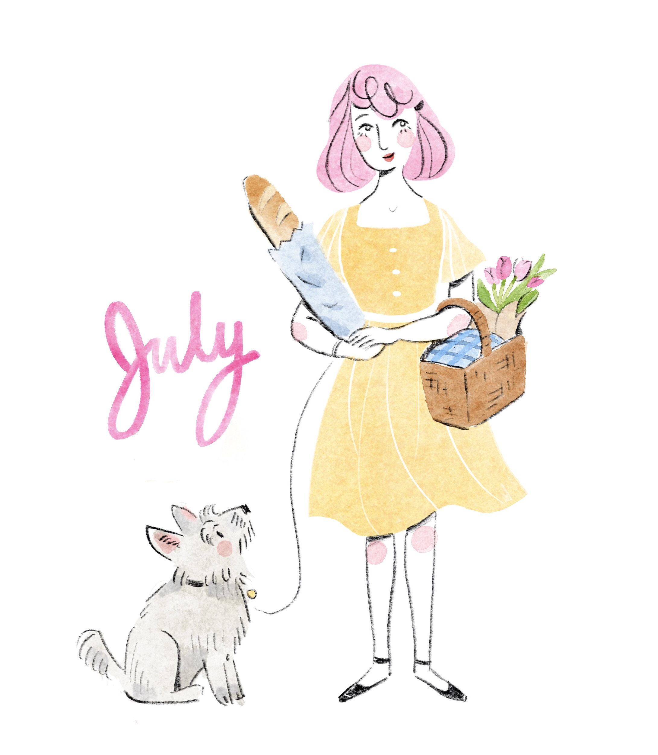 July illustration of a girl with pink hair carrying bread and flowers beside a small dog