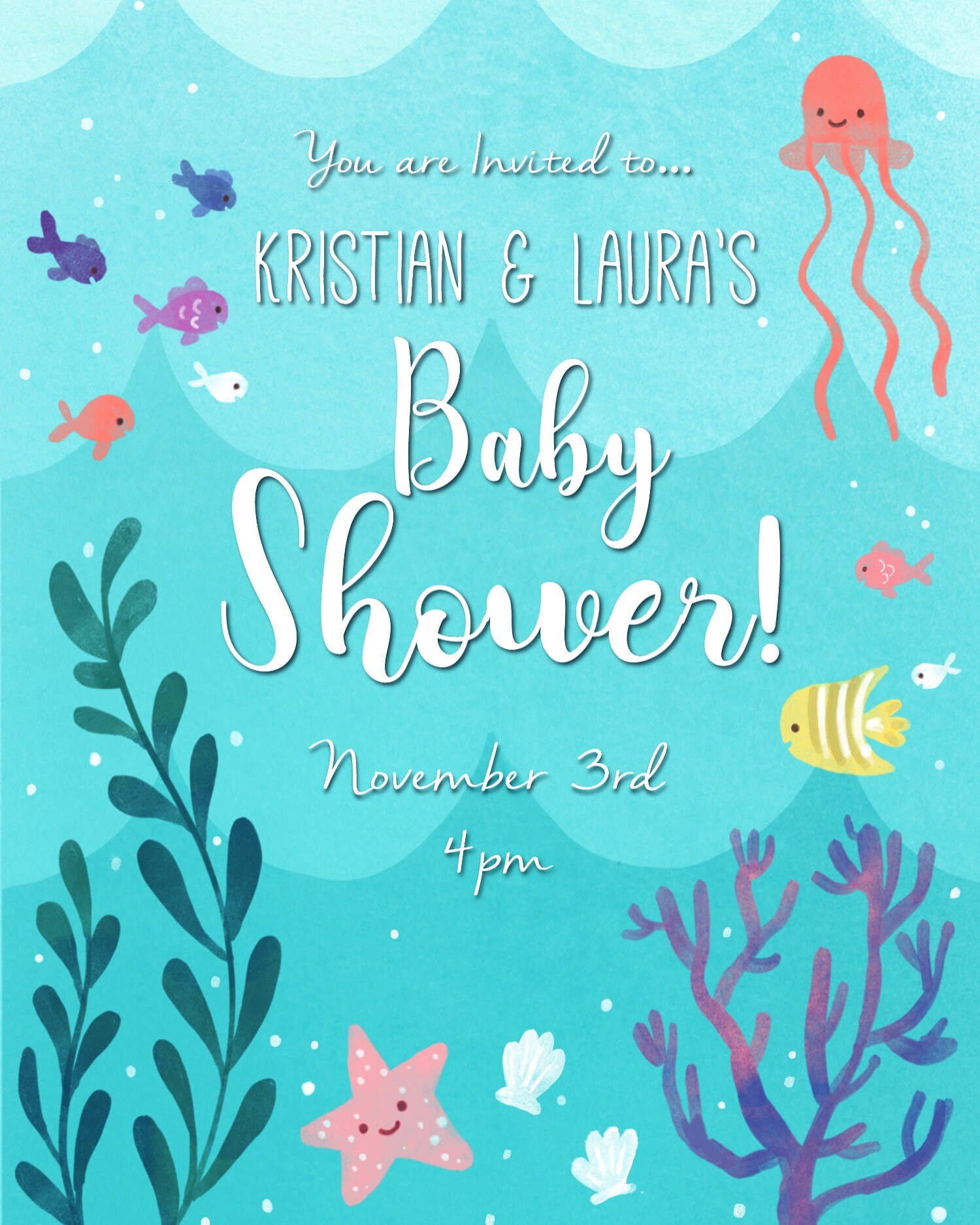 Underwater-themed baby shower invitation with fish, jellyfish, and coral