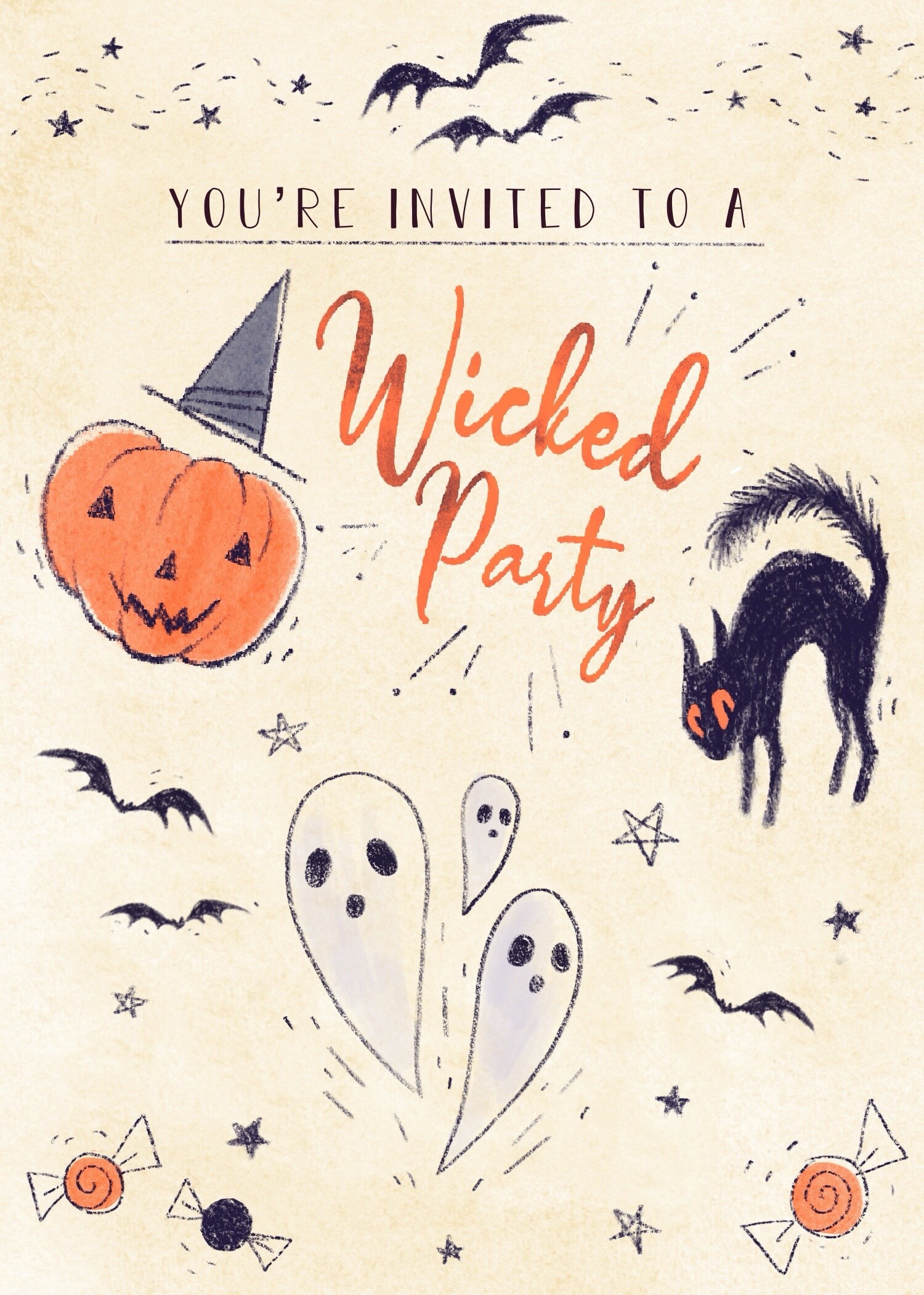 Wicked Party Halloween invitation with a jack-o-lantern, black cat, bats, and ghosts