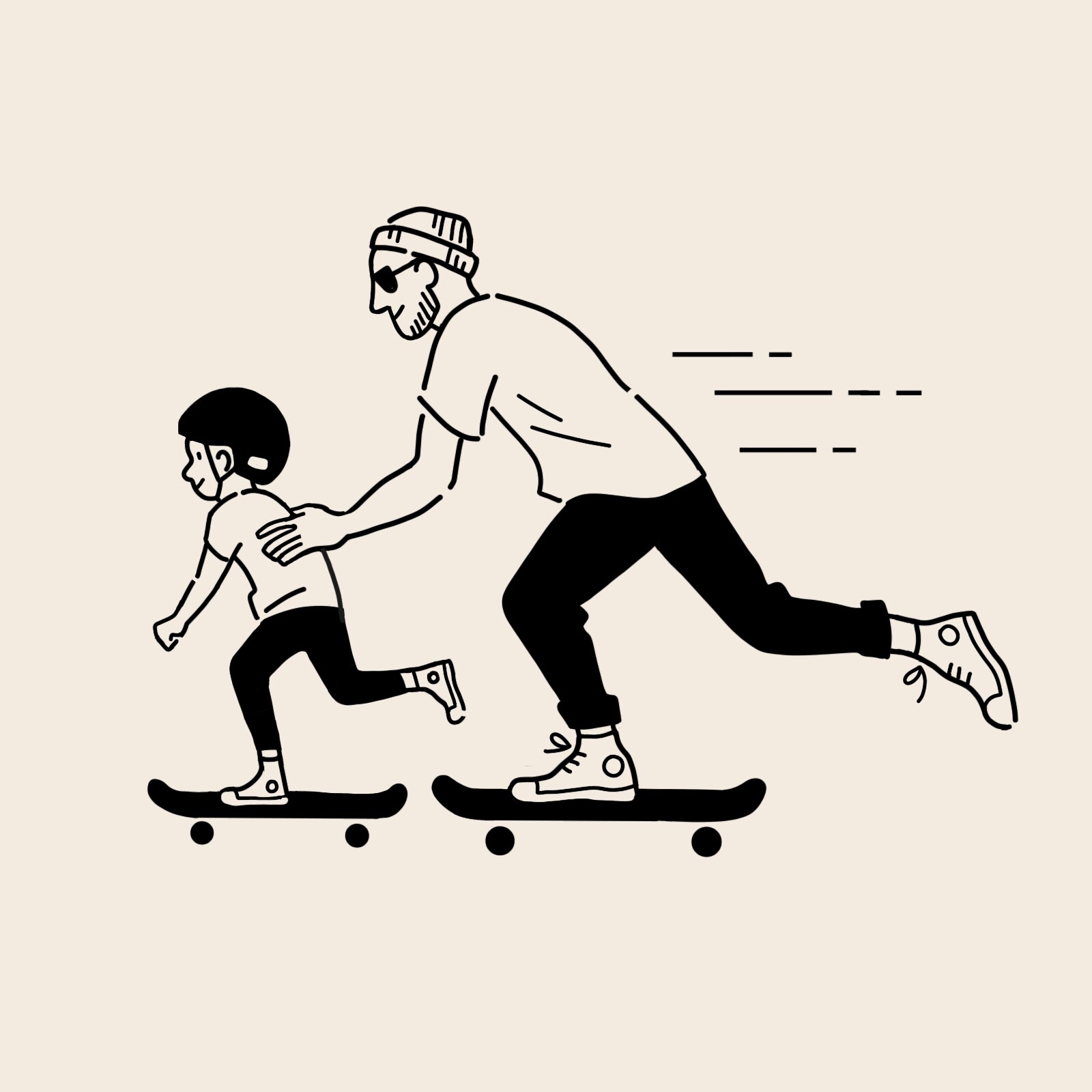Line art illustration of a father pushing a child on a skateboard