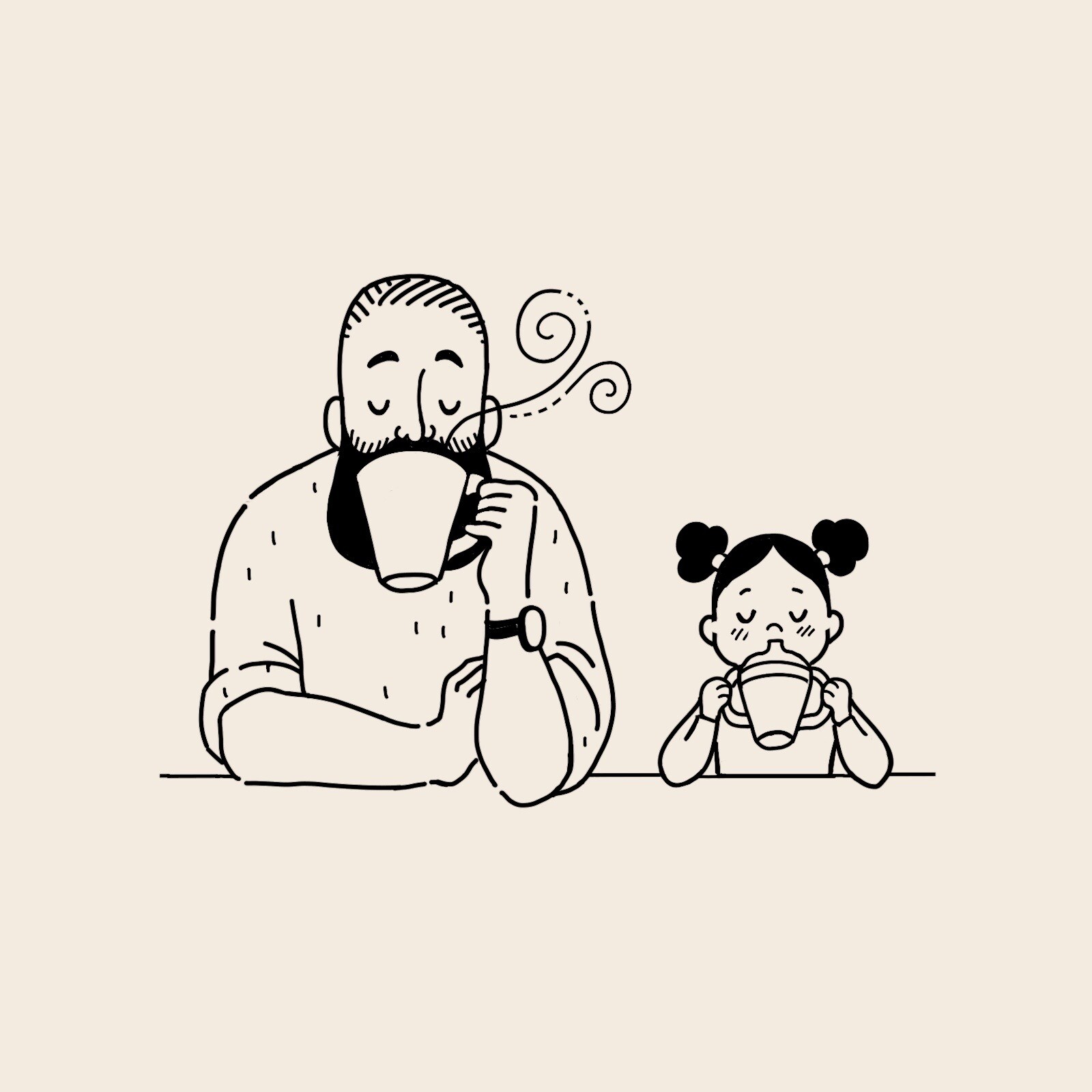 Line art illustration of a father and daughter drinking from mugs together