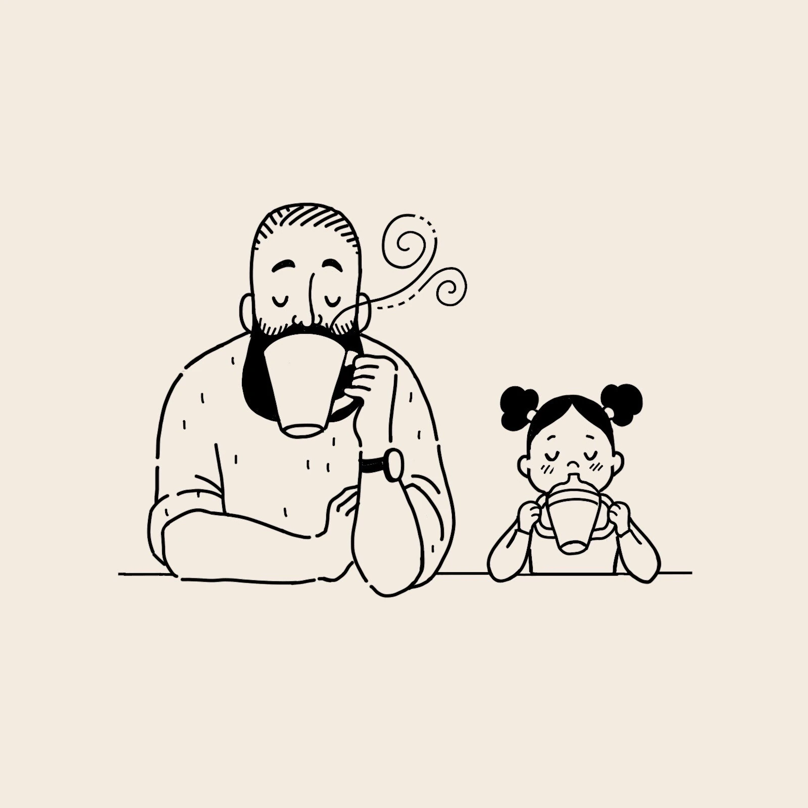 Line art illustration of a father and daughter drinking from mugs together