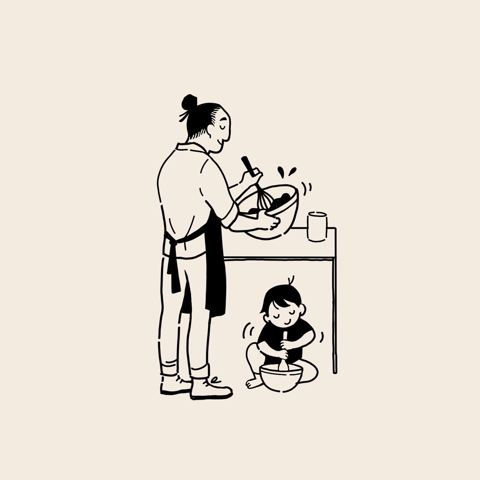 Line art illustration of a father whisking a bowl while a child mixes batter on the floor below