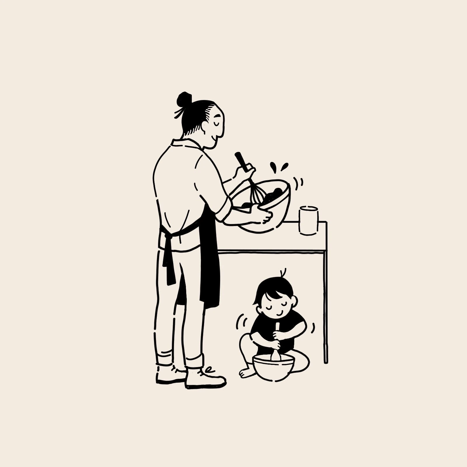 Line art illustration of a father whisking a bowl while a child mixes batter on the floor below