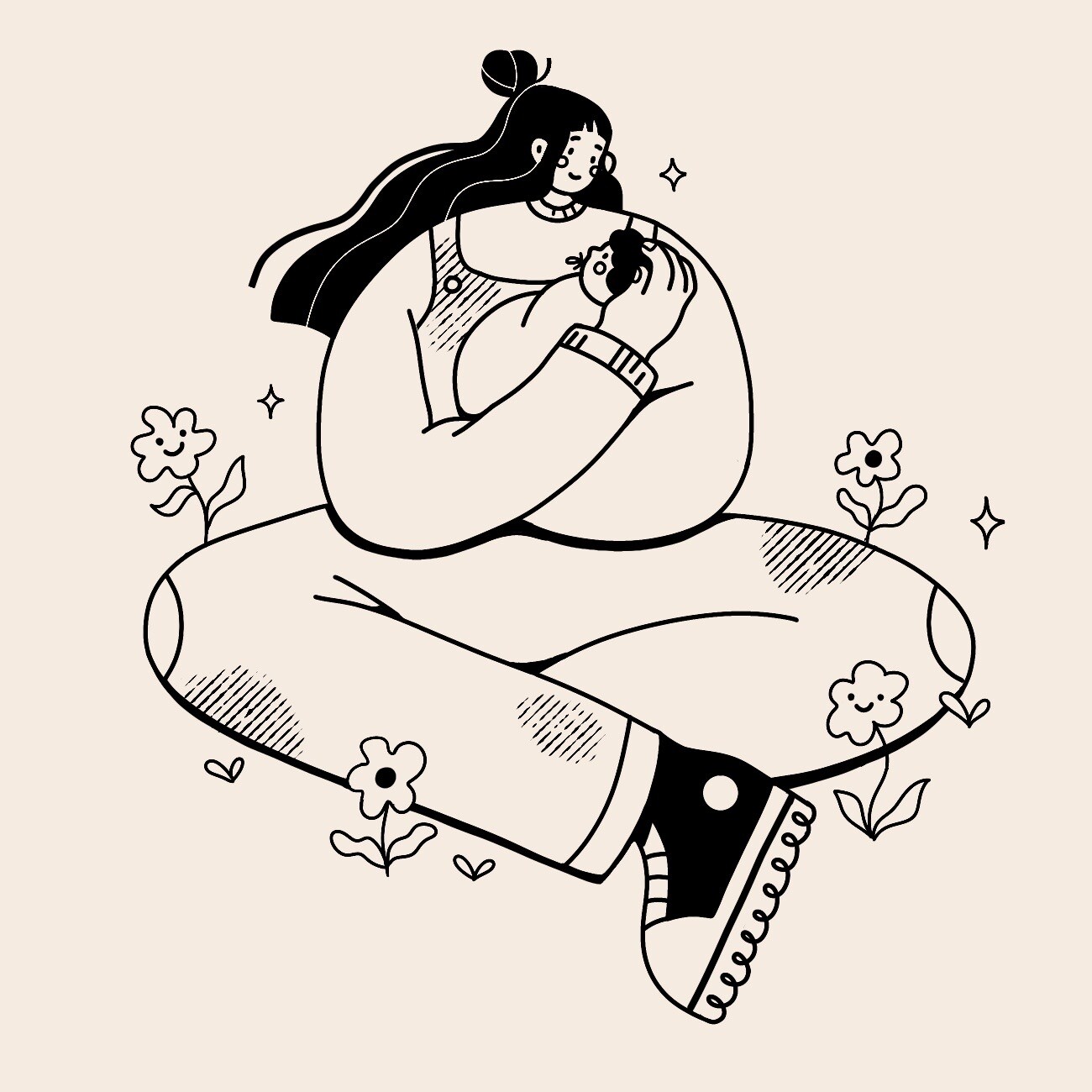 Line art illustration of a mother cradling and kissing her baby