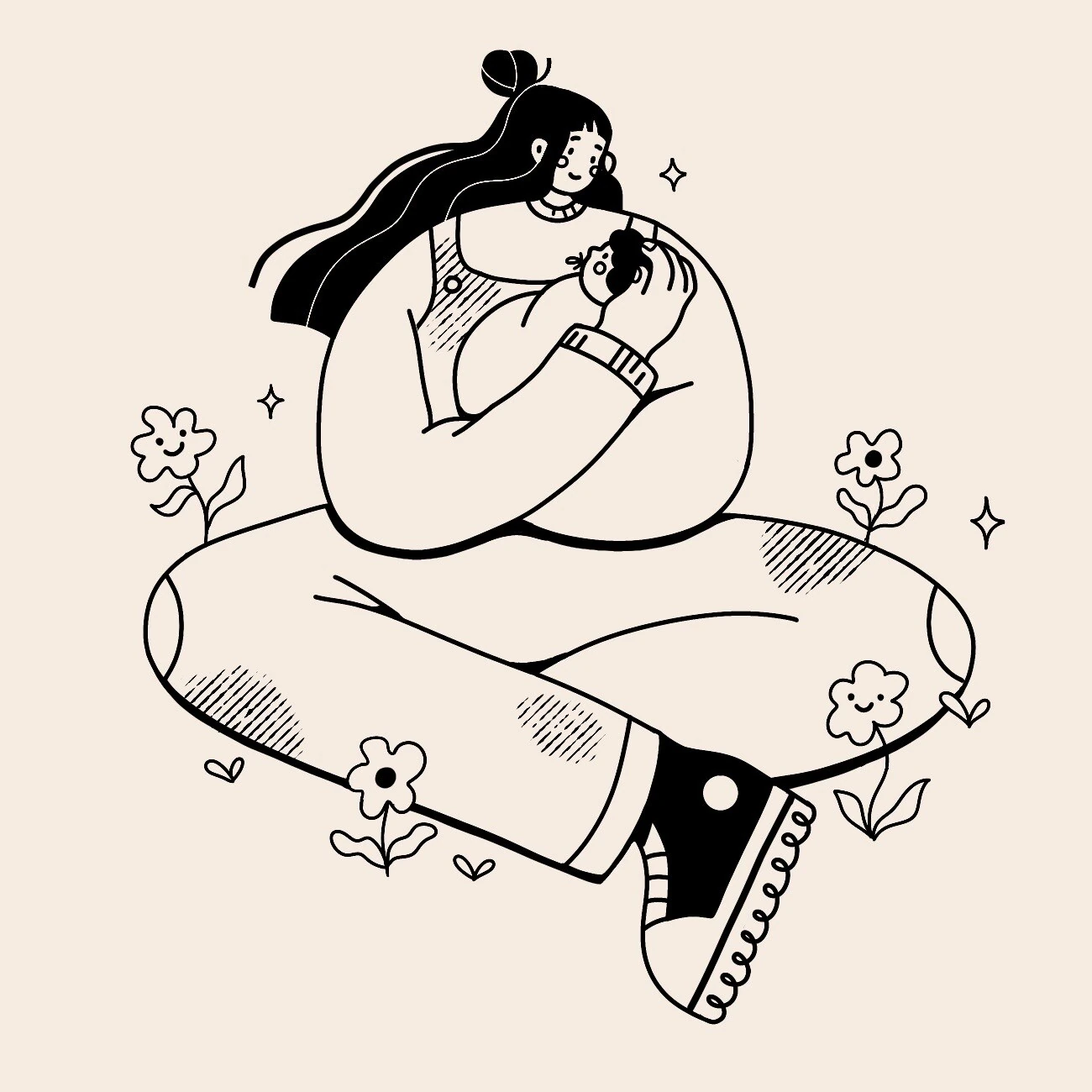 Line art illustration of a mother cradling and kissing her baby