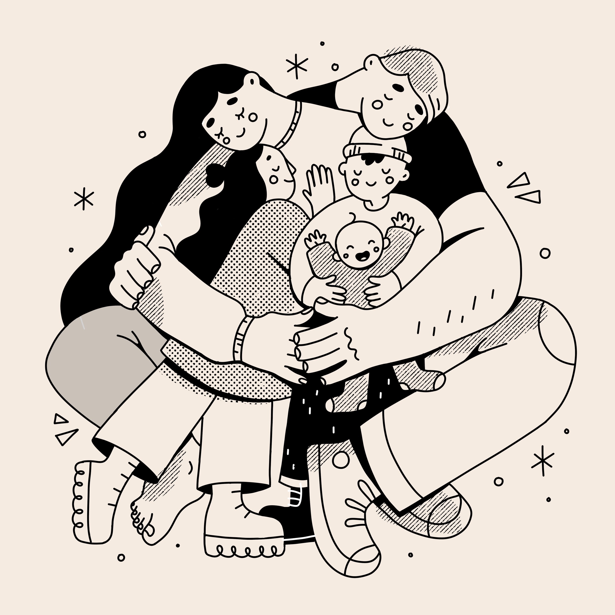 Line art illustration of two parents embracing three children together