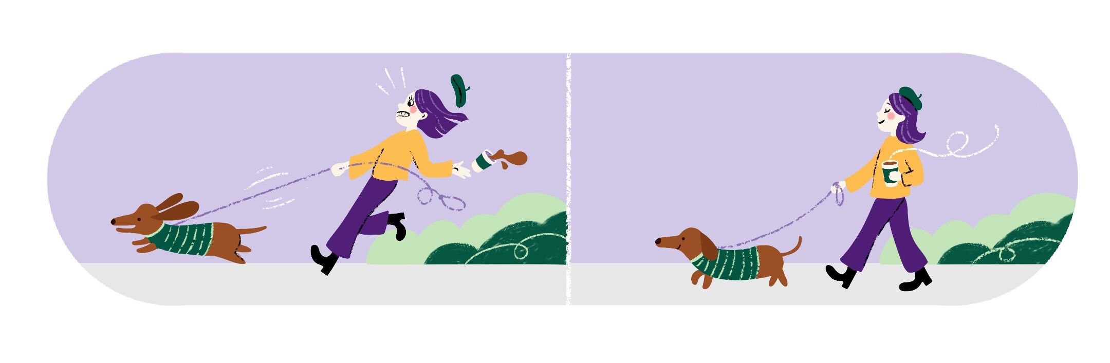 Two-panel illustration of a woman being pulled by a dachshund, then calmly walking it in a matching sweater