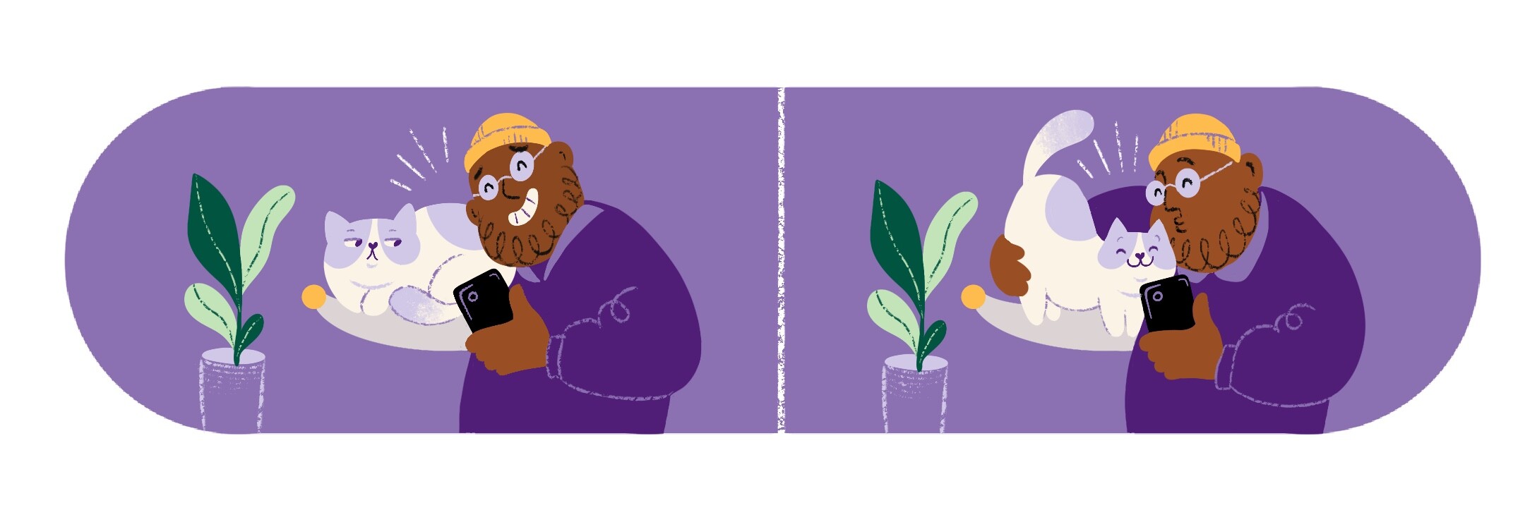 Two-panel illustration of a man taking a photo of an unimpressed cat, then a happy cat