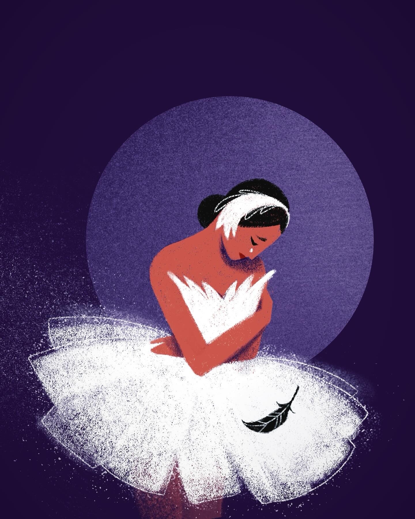 Illustration of a ballerina in a white tutu looking down at a black feather, purple background