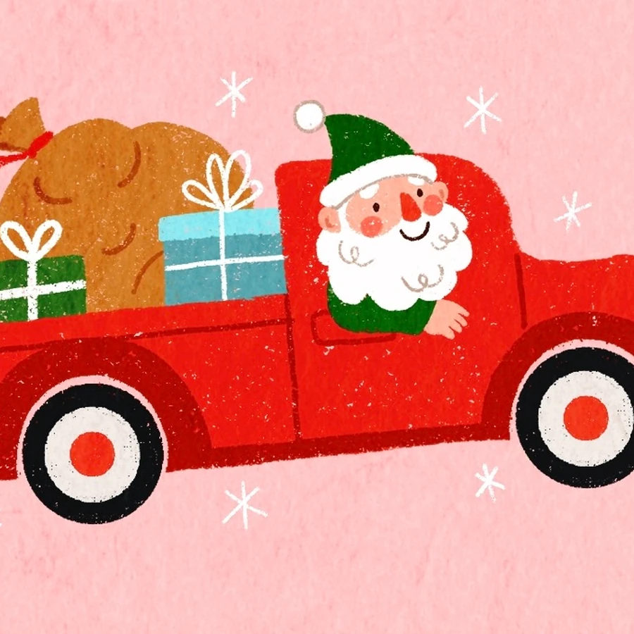 Santa driving a red truck loaded with presents