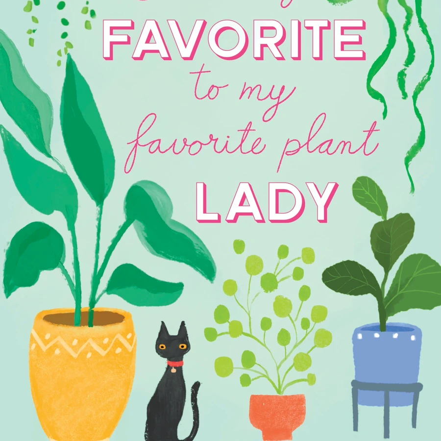Happy Birthday card with houseplants and a black cat