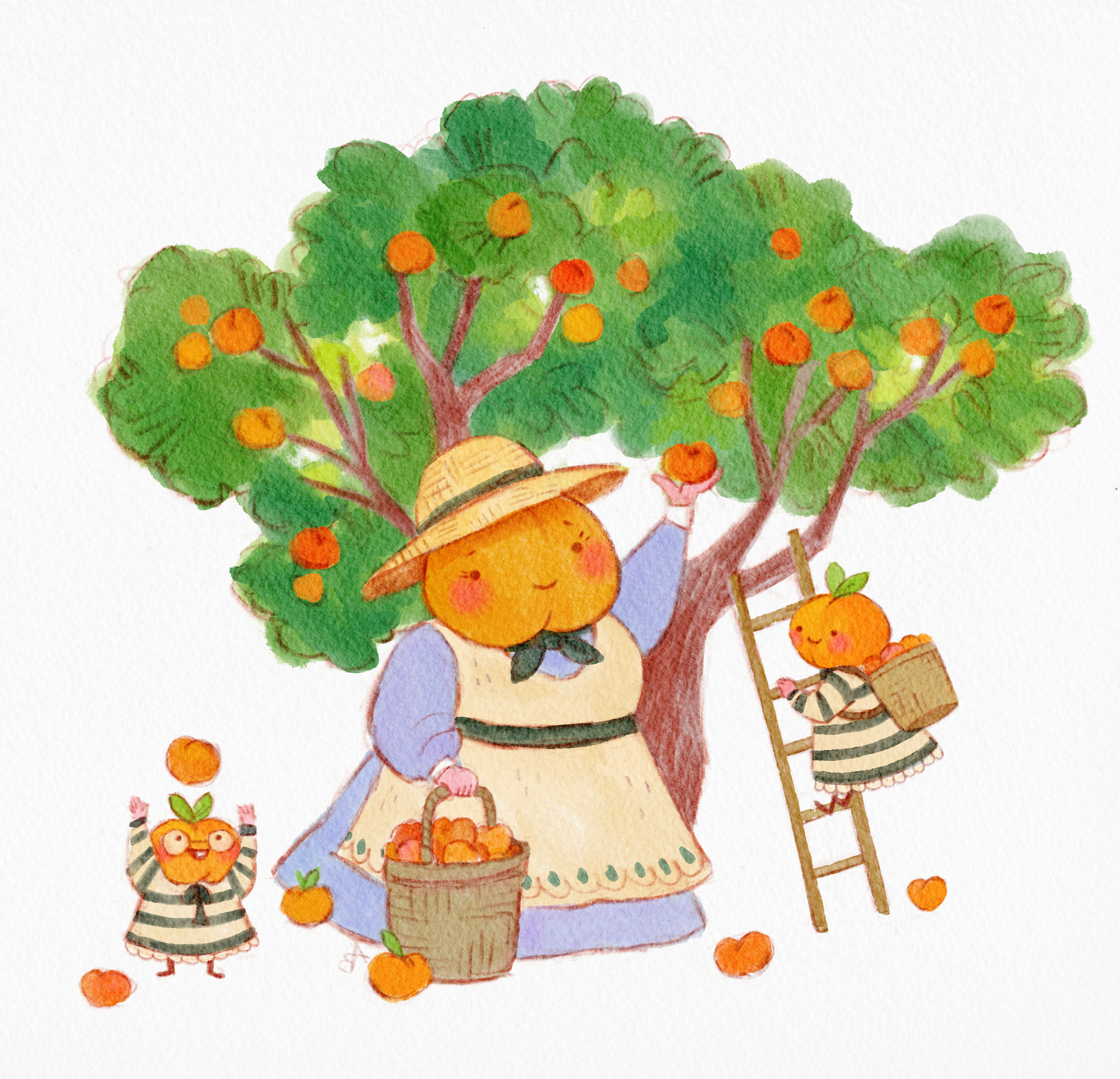Pumpkin-headed woman picking oranges with two children