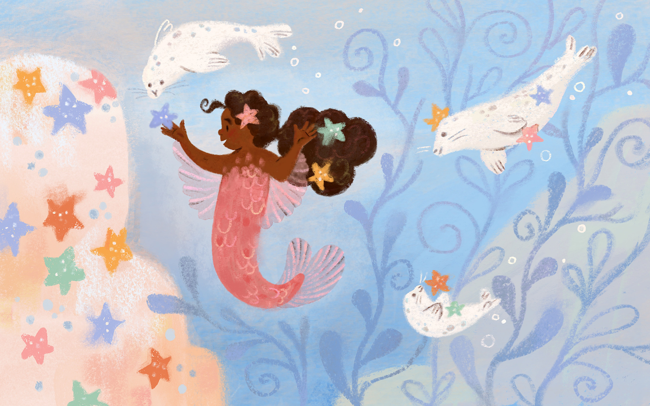 Mermaid swimming with white seals among stars