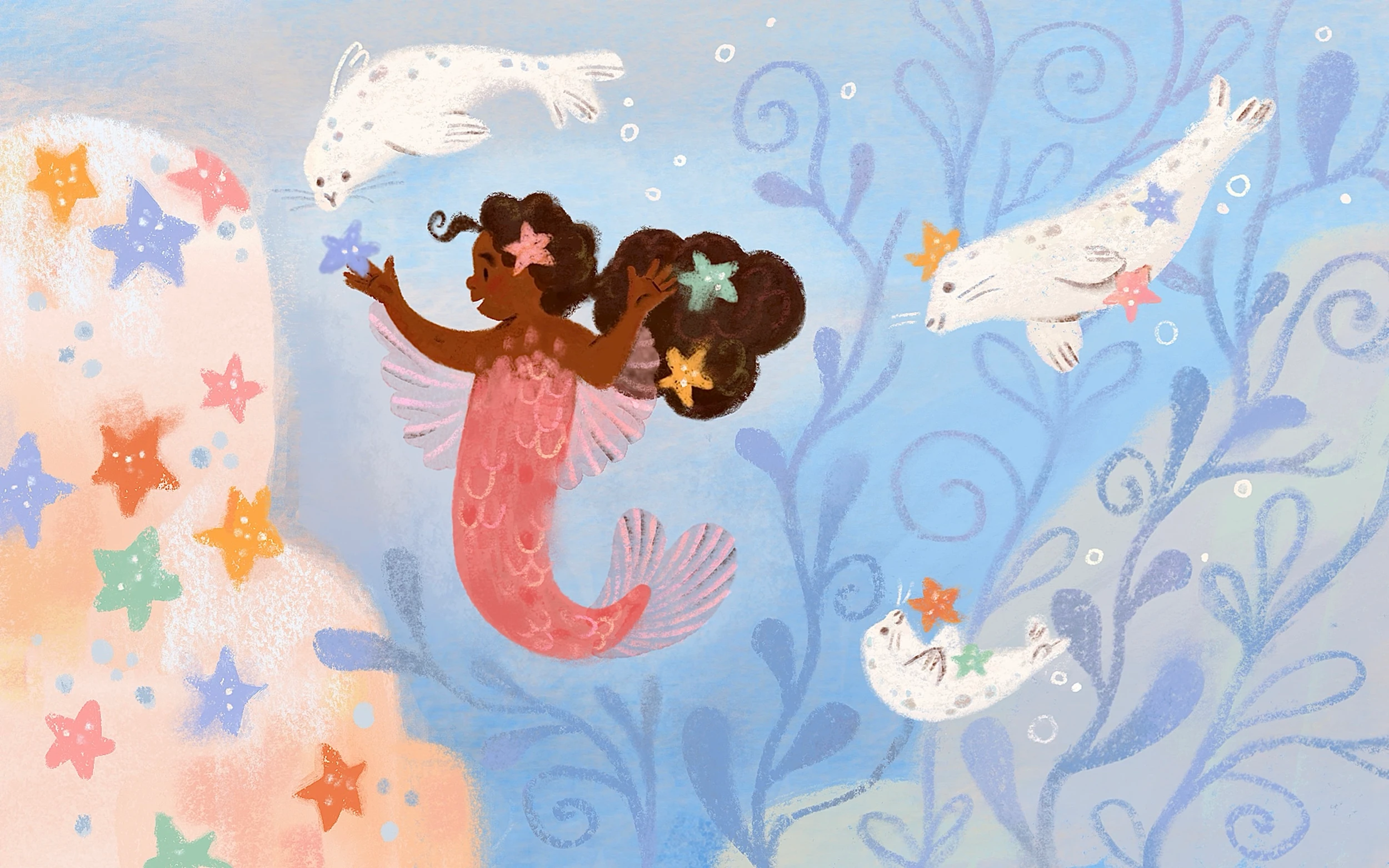 Mermaid swimming with white seals among stars