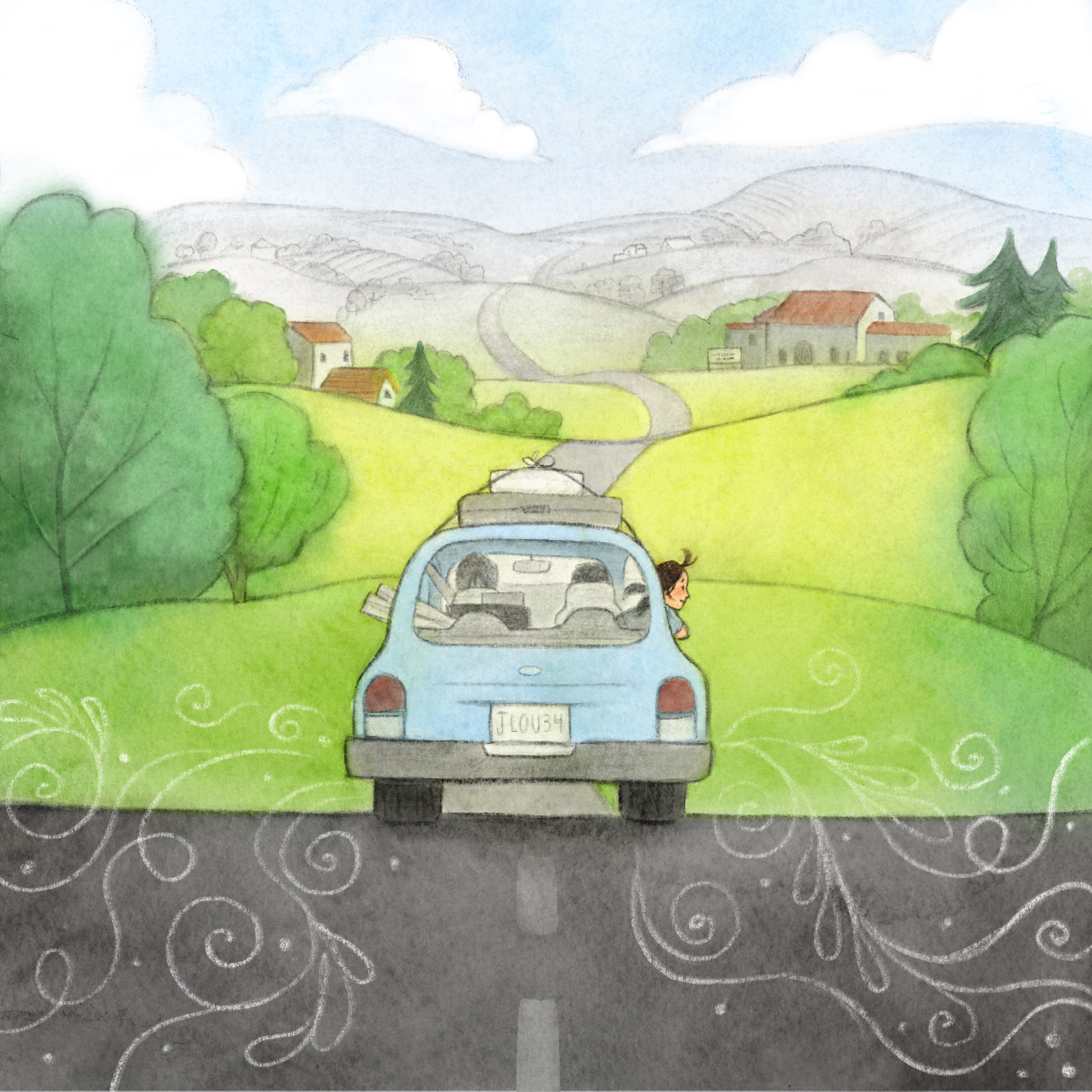 Family car driving a country road, chalk swirls on the asphalt