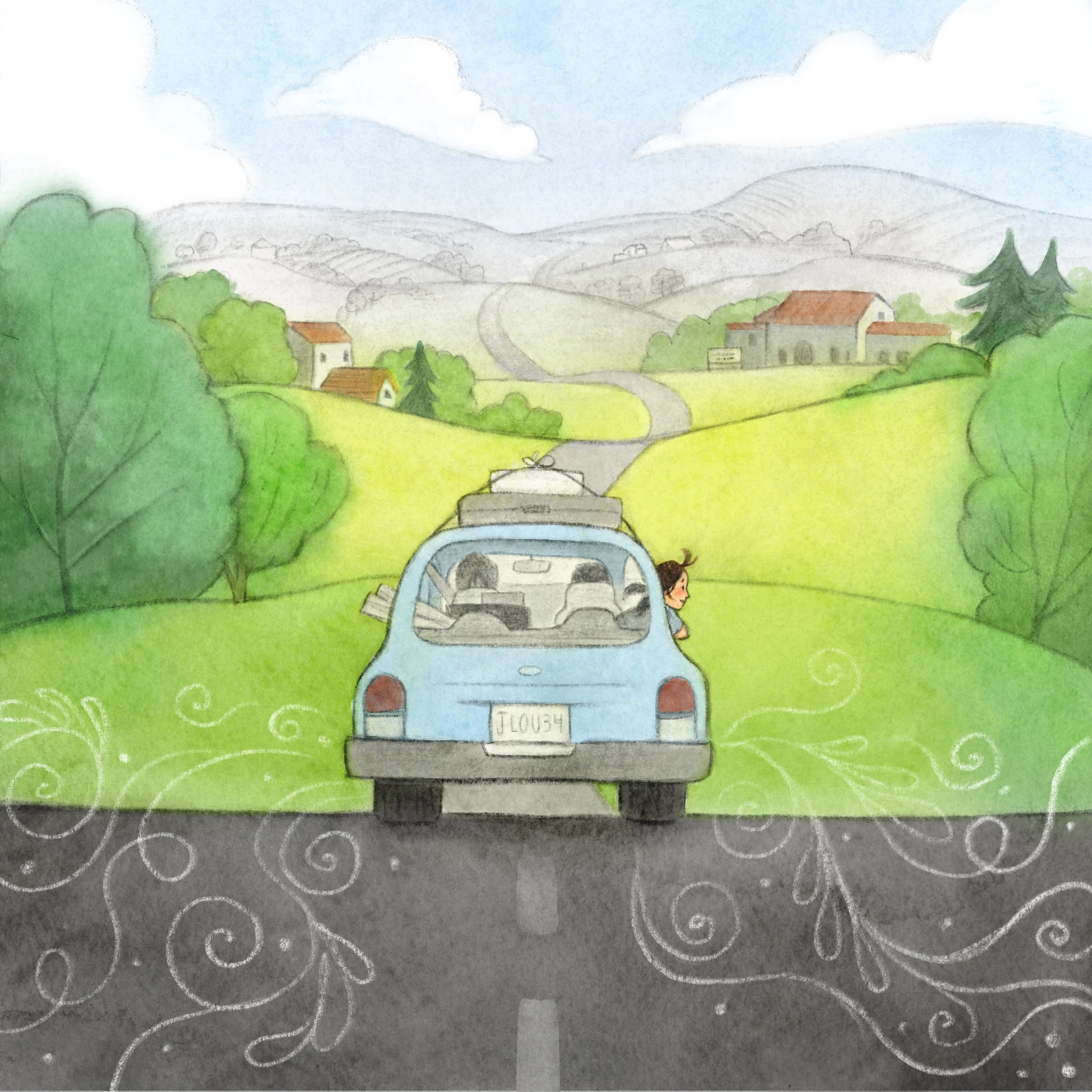 Family car driving a country road, chalk swirls on the asphalt