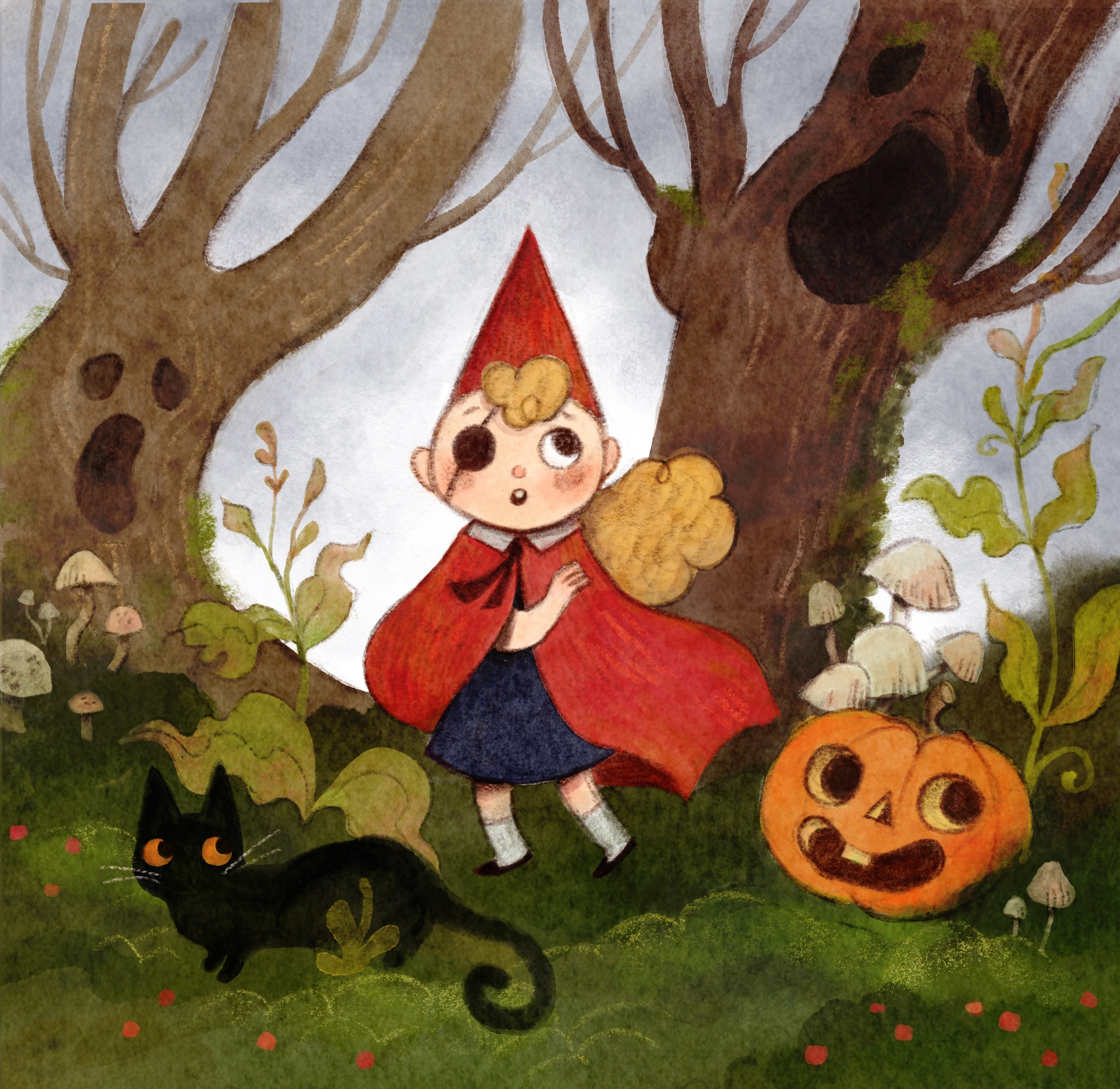 Child in a red cape and gnome hat in a dark wood with a black cat