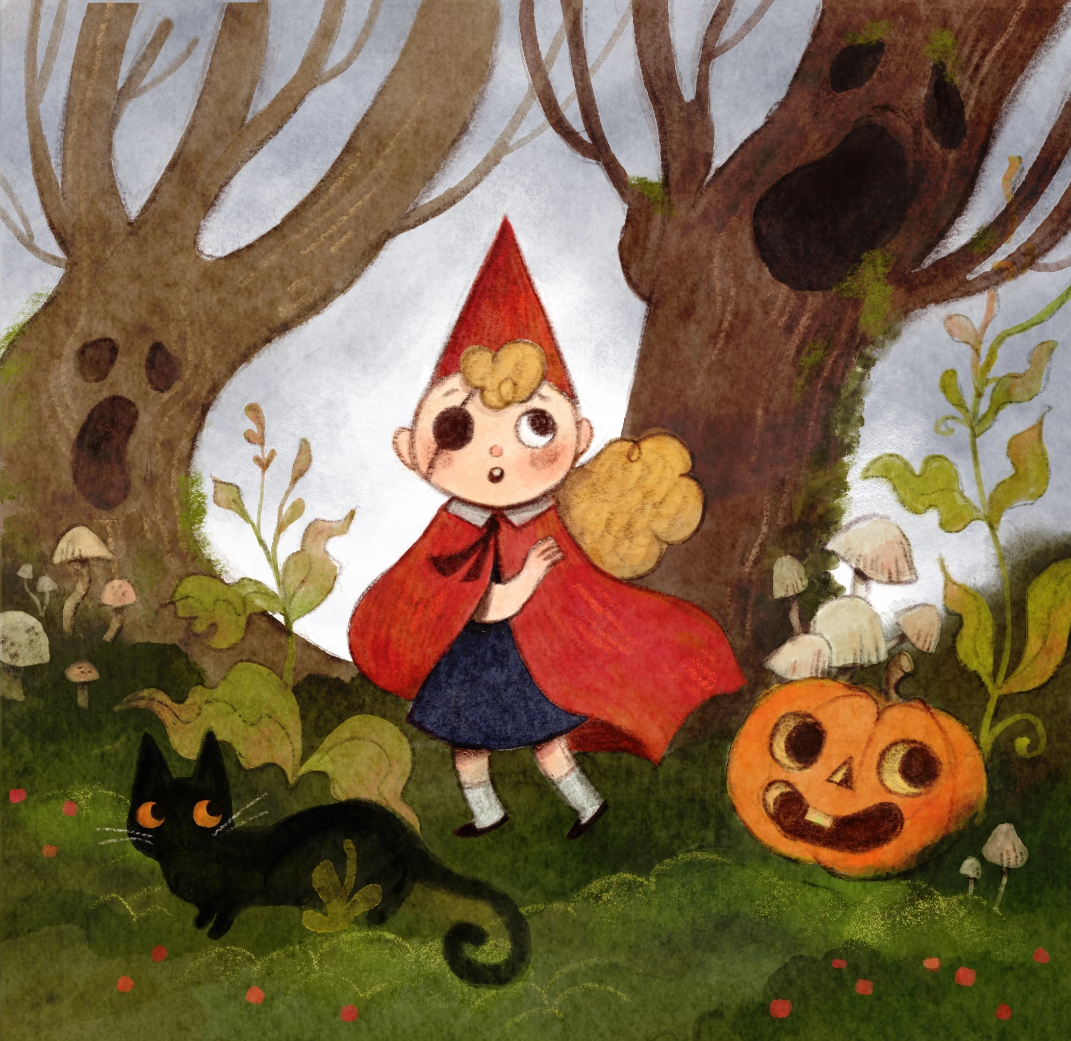 Child in a red cape and gnome hat in a dark wood with a black cat
