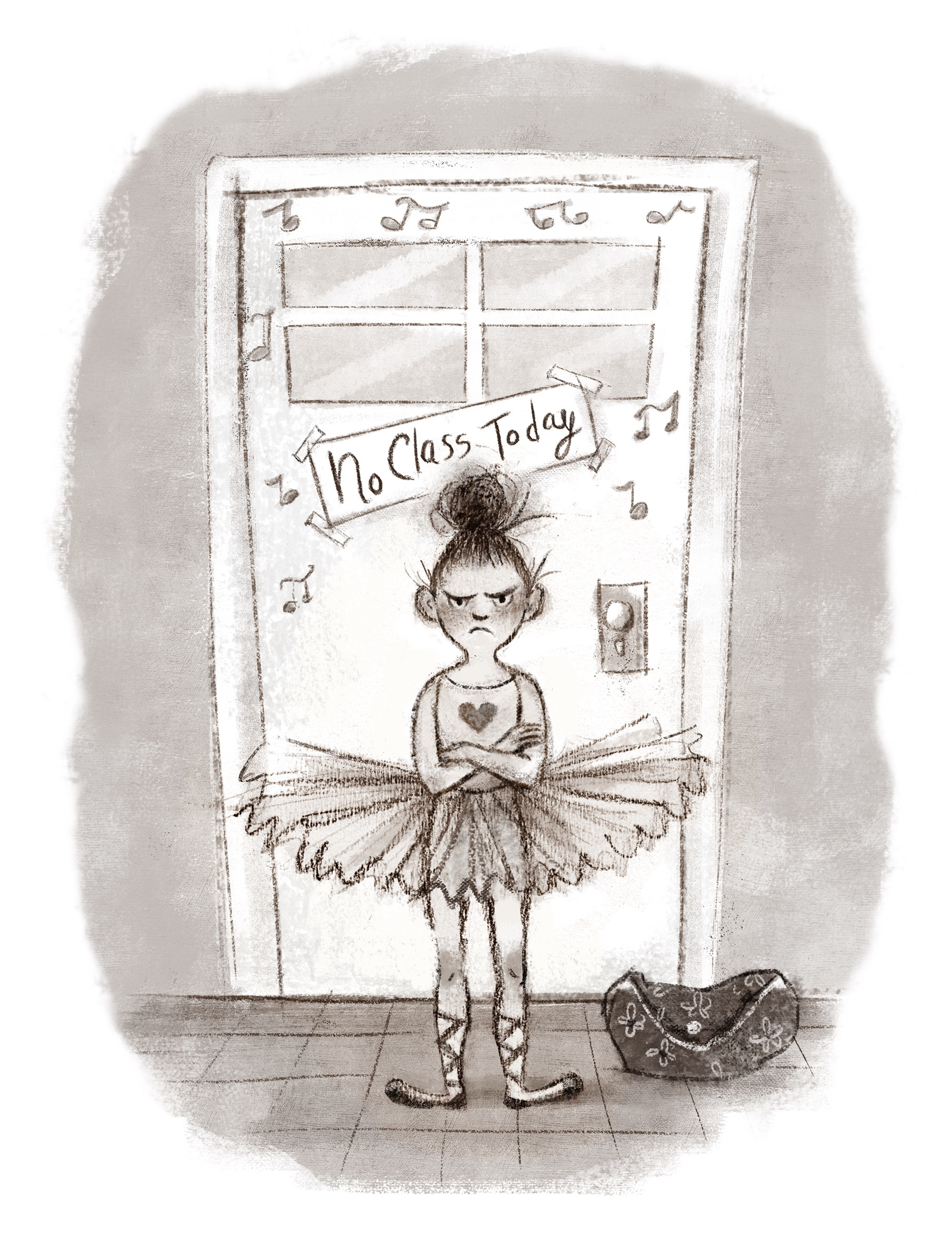 Ballerina waiting outside a door with a 'No Class Today' sign