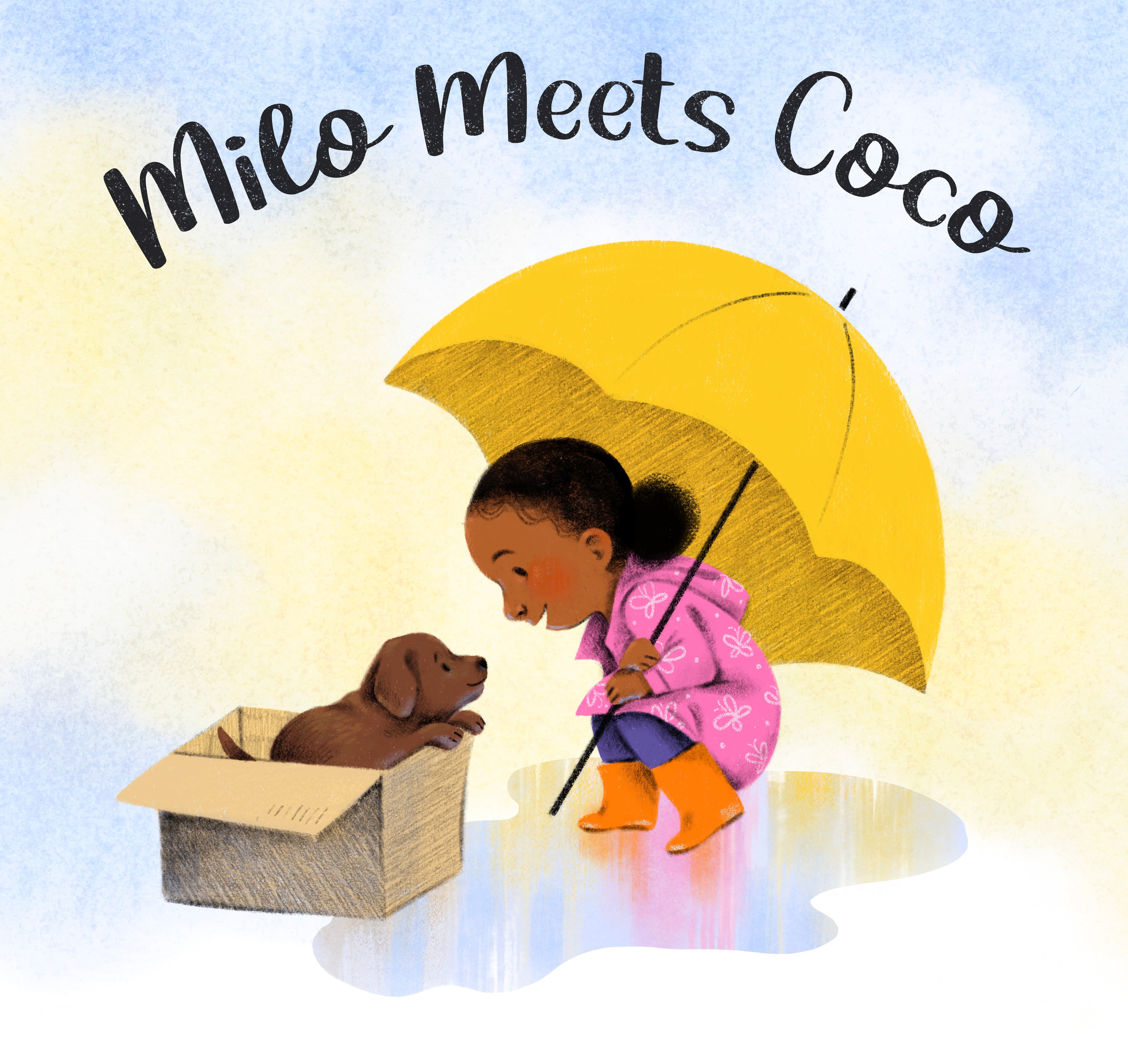 Milo Meets Coco — girl with a yellow umbrella and a puppy in a box