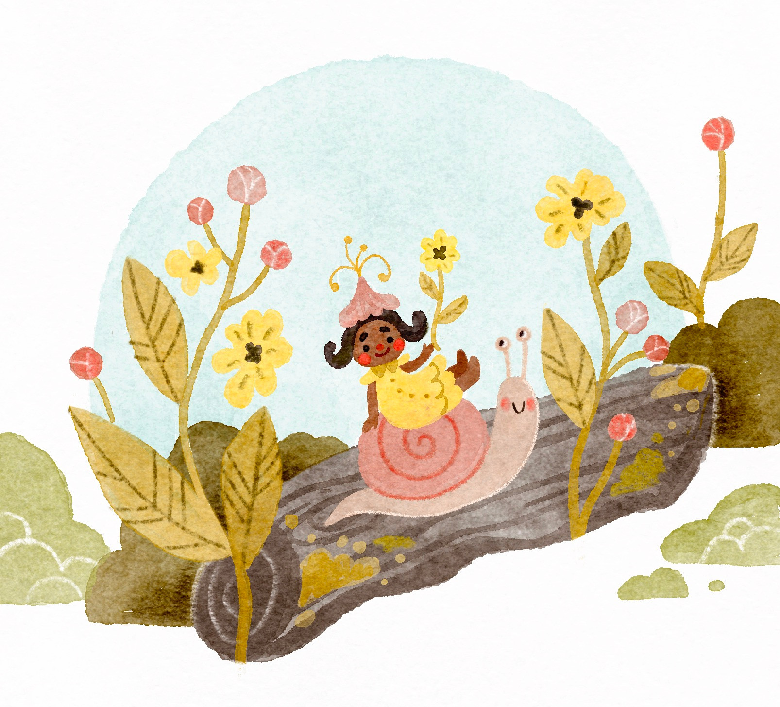Snail resting on a mossy log among yellow flowers