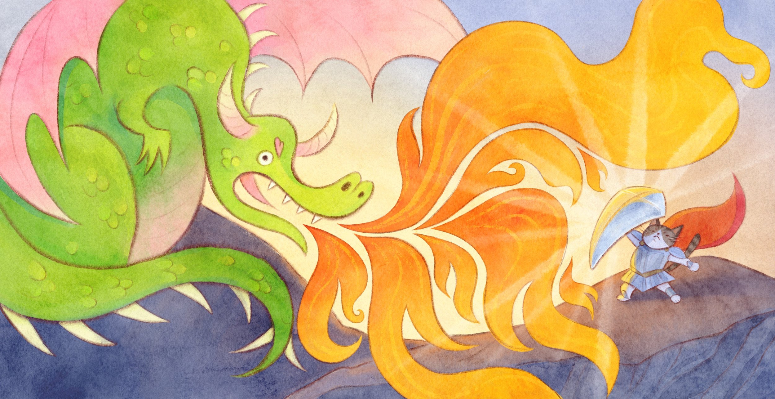 Green dragon breathing fire at a small armoured cat
