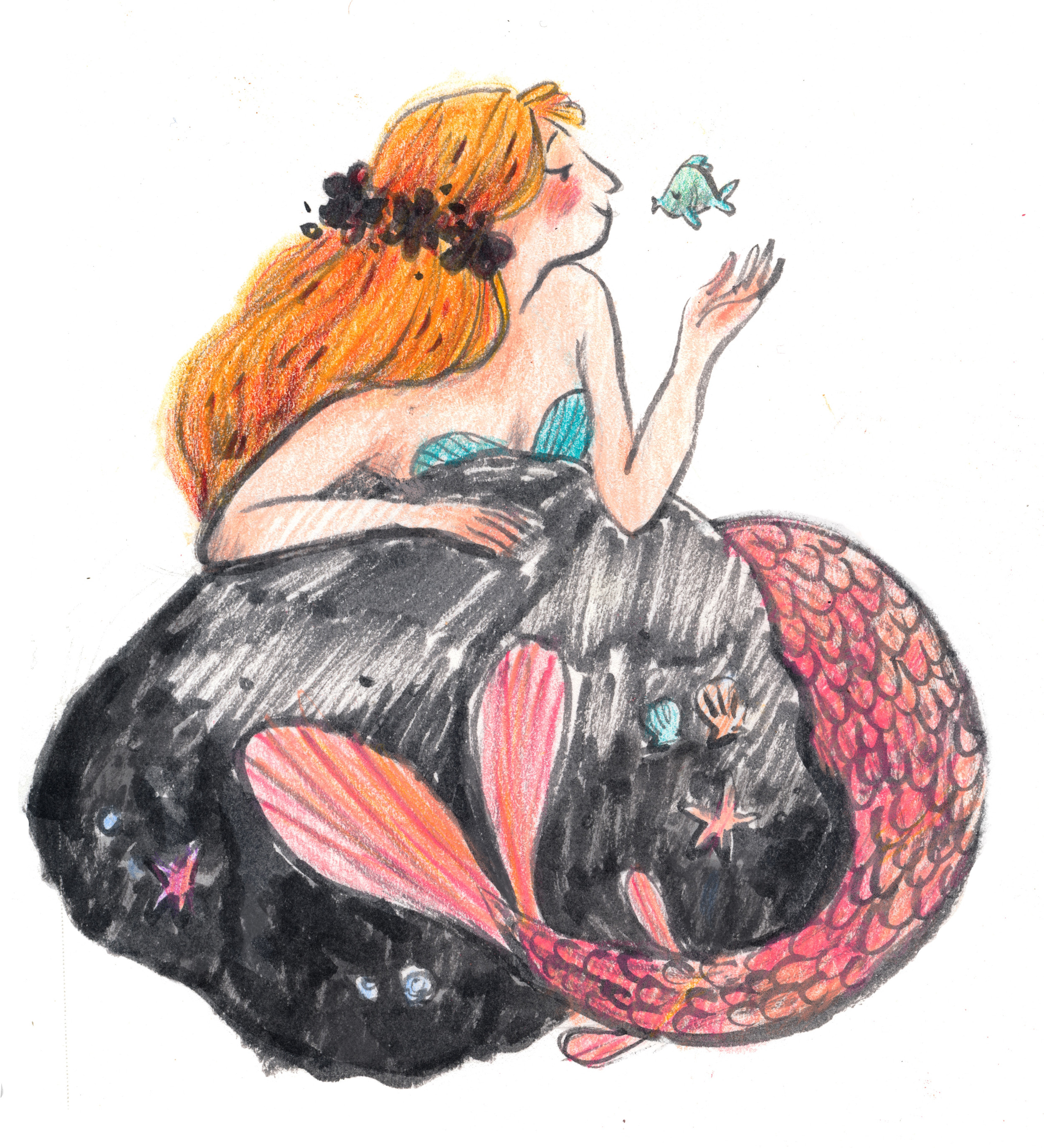 Mermaid sitting on a rock greeting a small fish