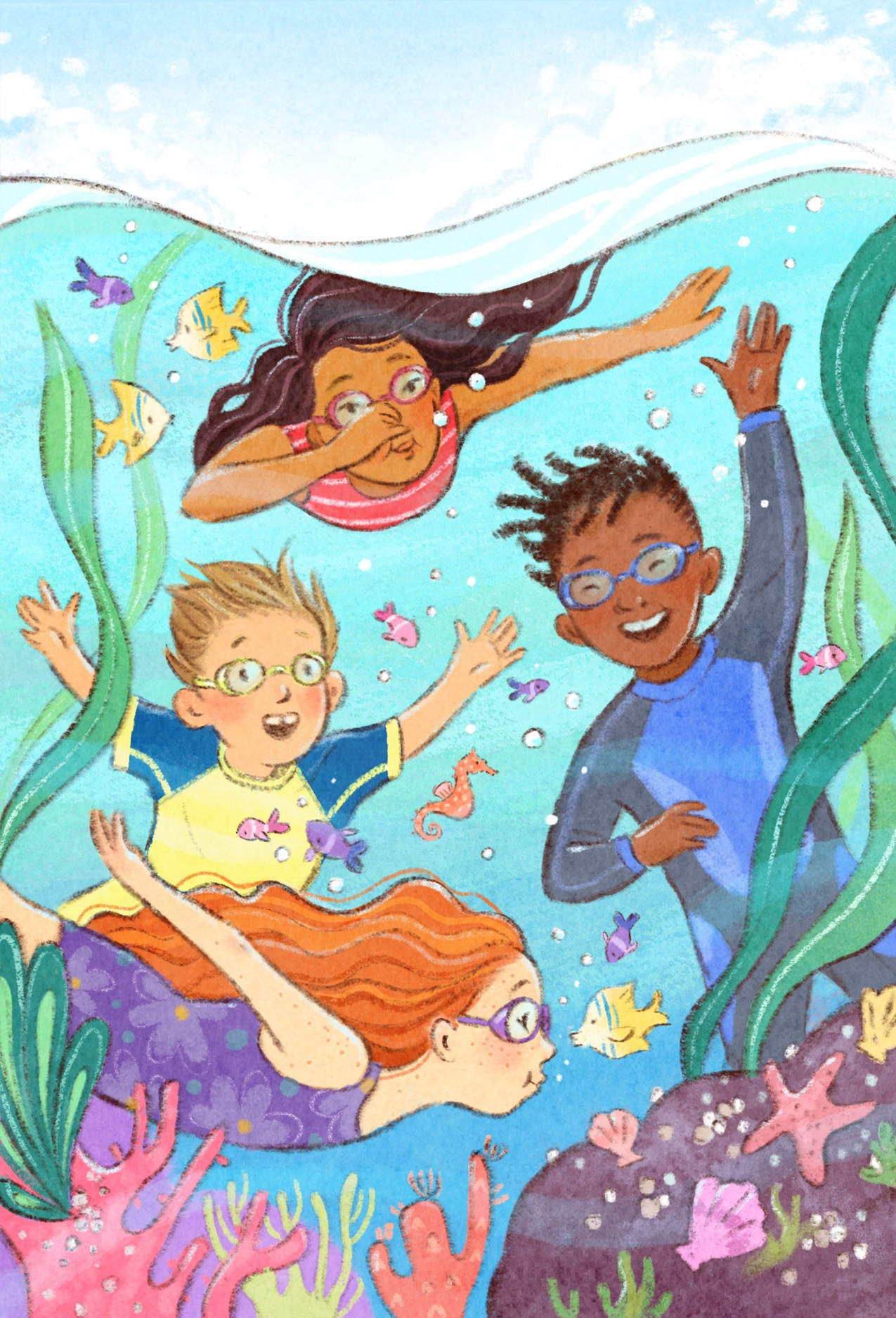 Children in goggles swimming underwater among fish, coral and seaweed