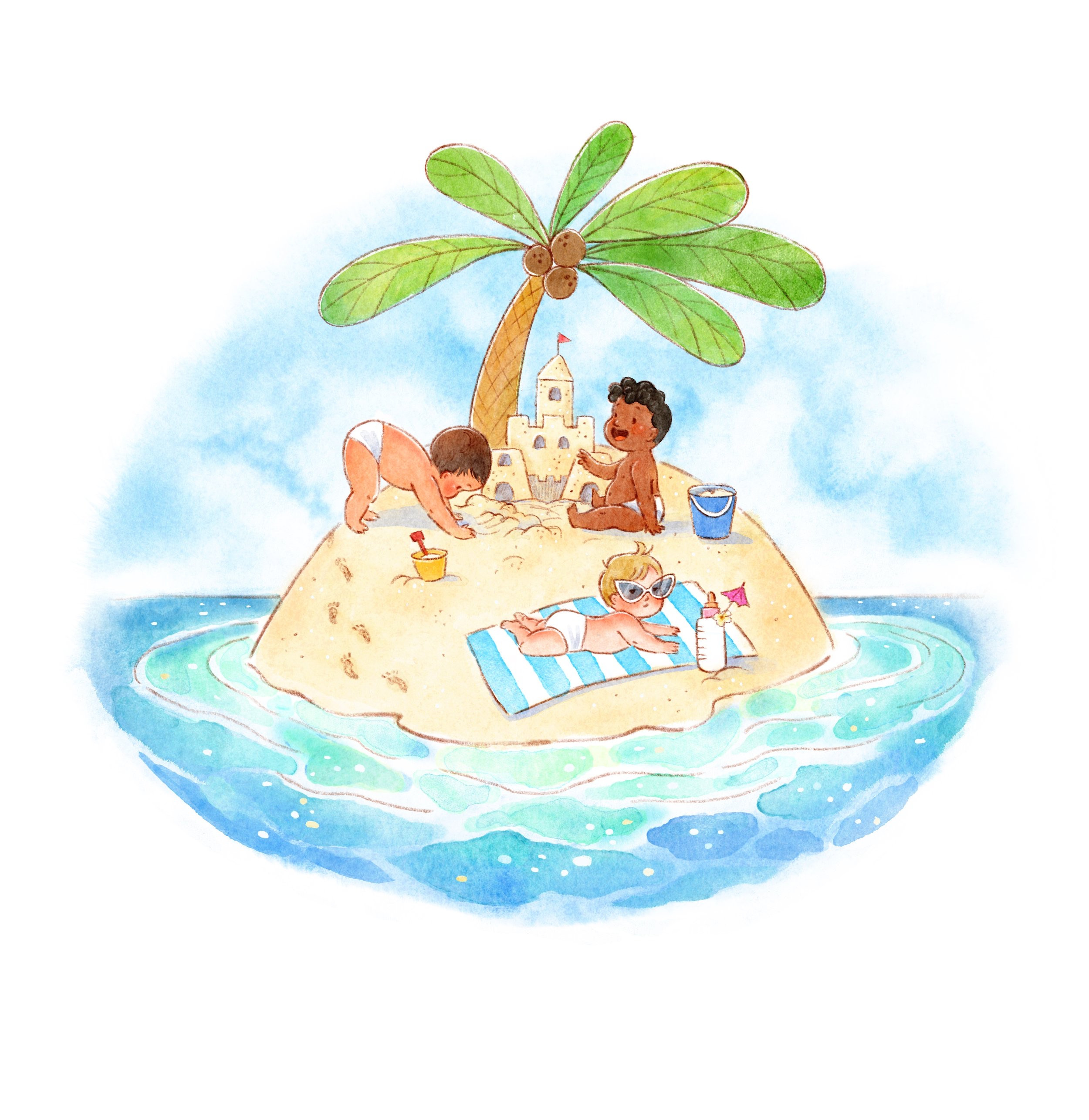 Children building a sandcastle on a tiny island