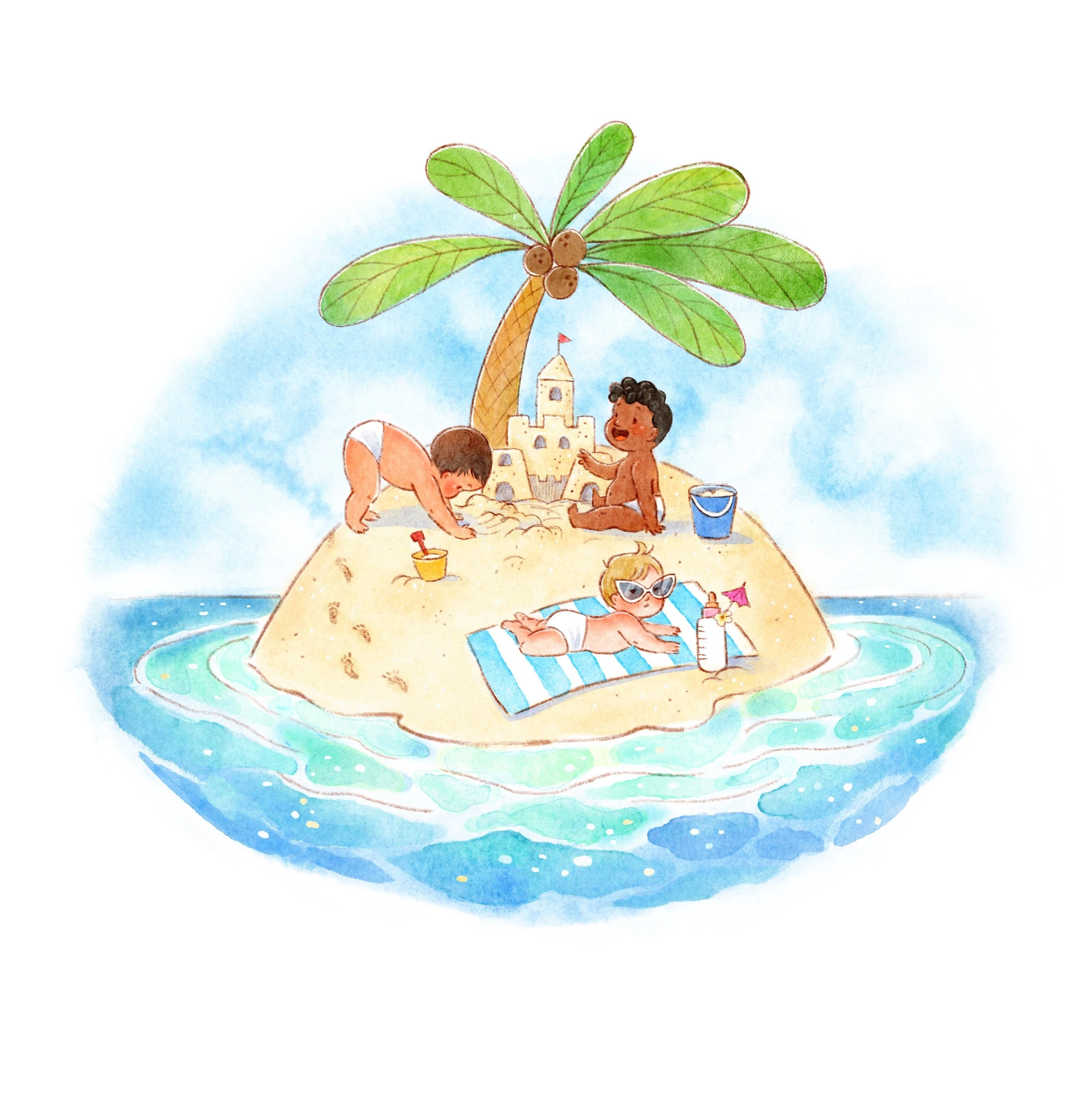 Children building a sandcastle on a tiny island